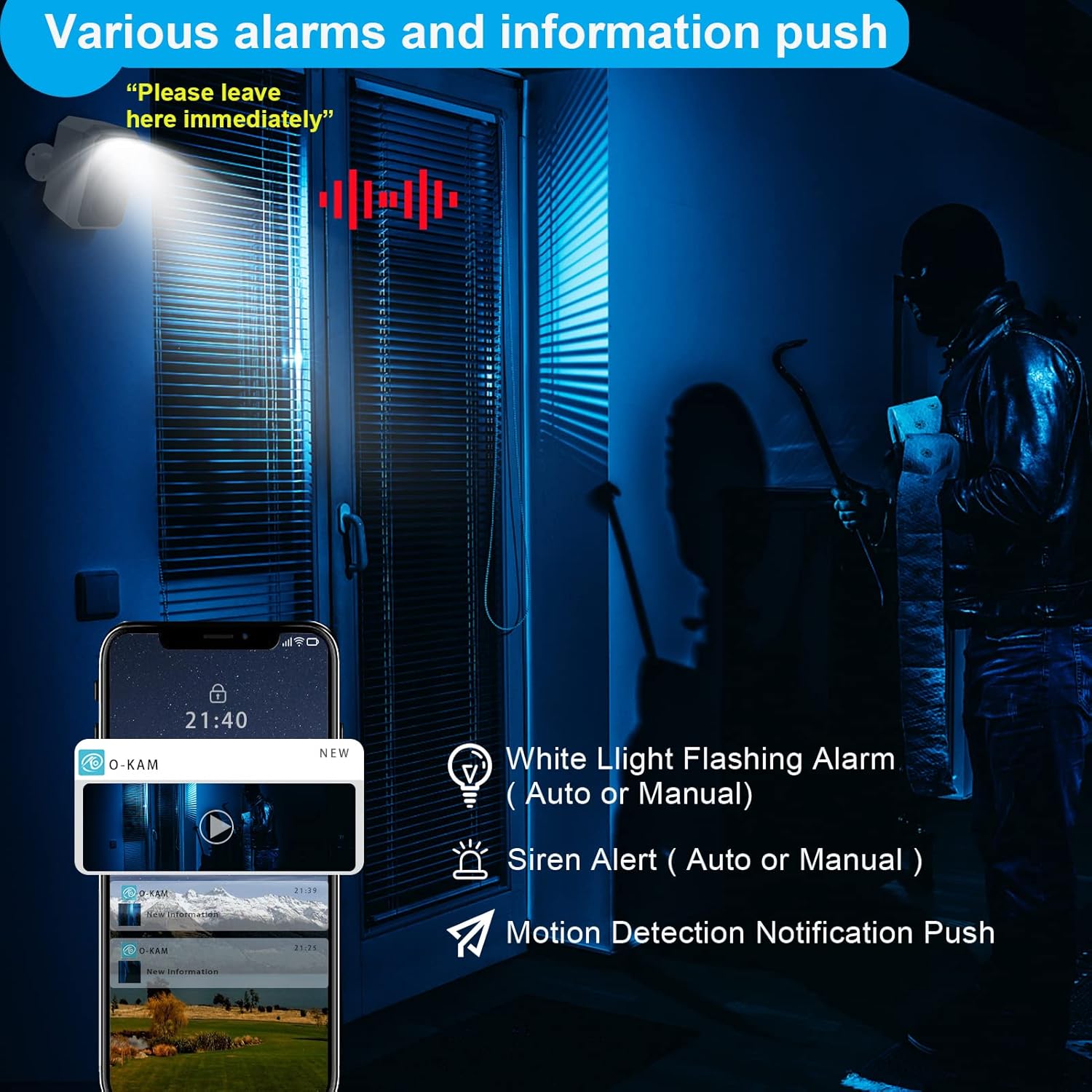 BEENOCAM D5 camera showing various alarm features including white light flashing, siren alert, and motion detection notification push to a smartphone.