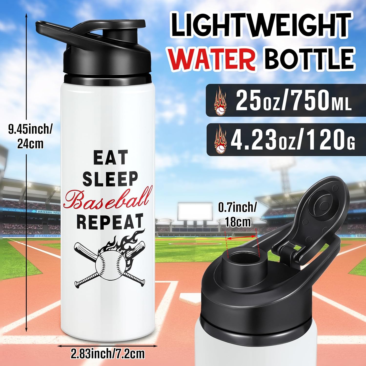 Hushee 12 Pcs 25 oz Baseball Water Bottles Bulk Aluminum Sport Bottles with Leakproof Lid Baseball Gift for Team Men Players Fan Coach(Eat Sleep) - Image 2