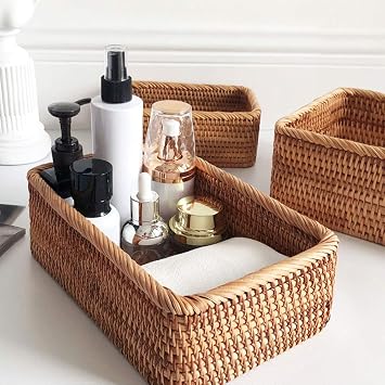 TITA-DONG Rattan Storage Baskets Rectangle Woven Bread Basket Rectangular Wicker Serving Organizer Tray Rattan Fruit Basket, Stackable Wicker Organizer for Kitchen Countertop Bathroom Living Room(L)
