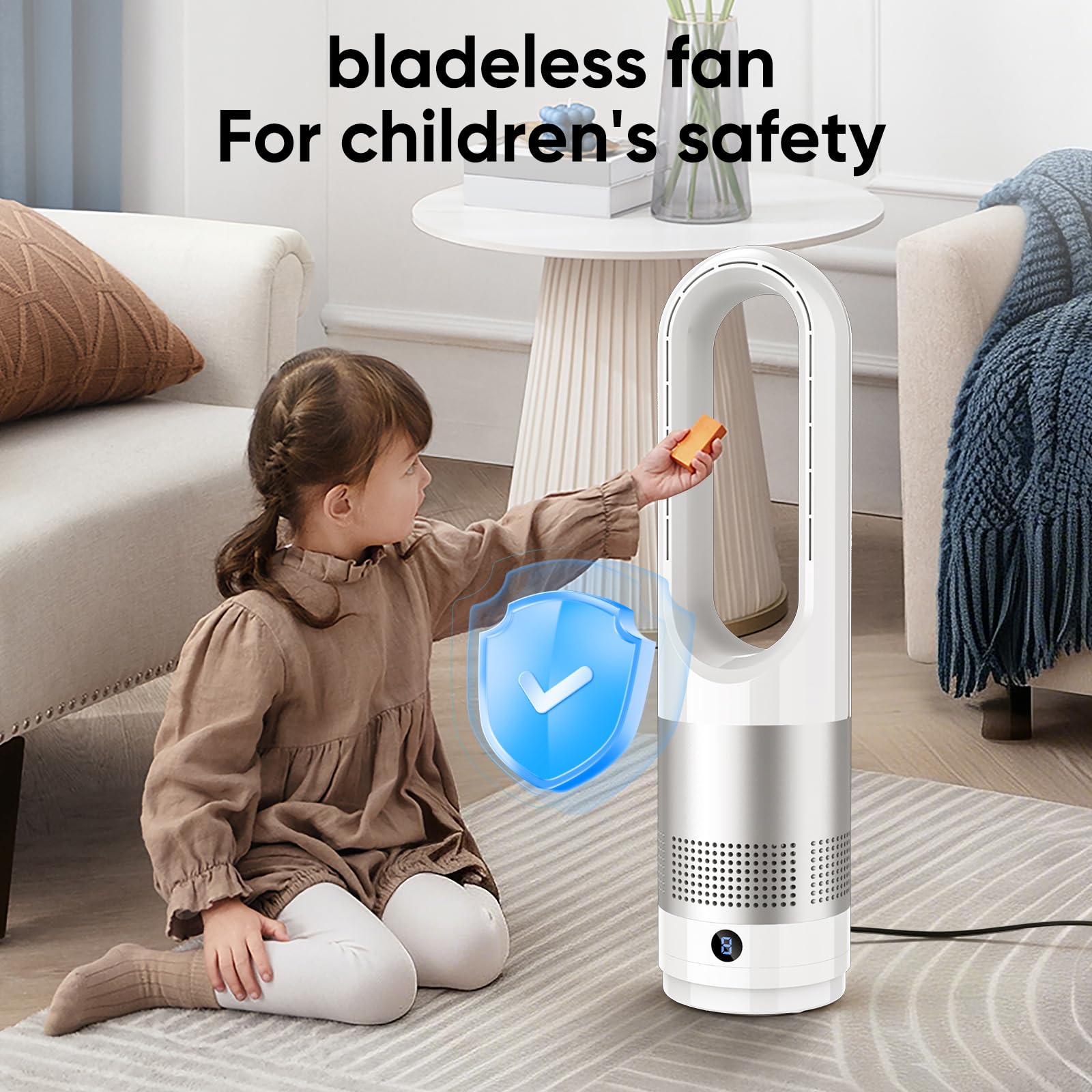 Ventilatore senza rotore con telecomando, oscillazione a 80°, con timer da 8 ore, silenzioso, controllo touch, raffreddamento ad aria, ventilatore sicuro senza pale per camera da letto (argento)