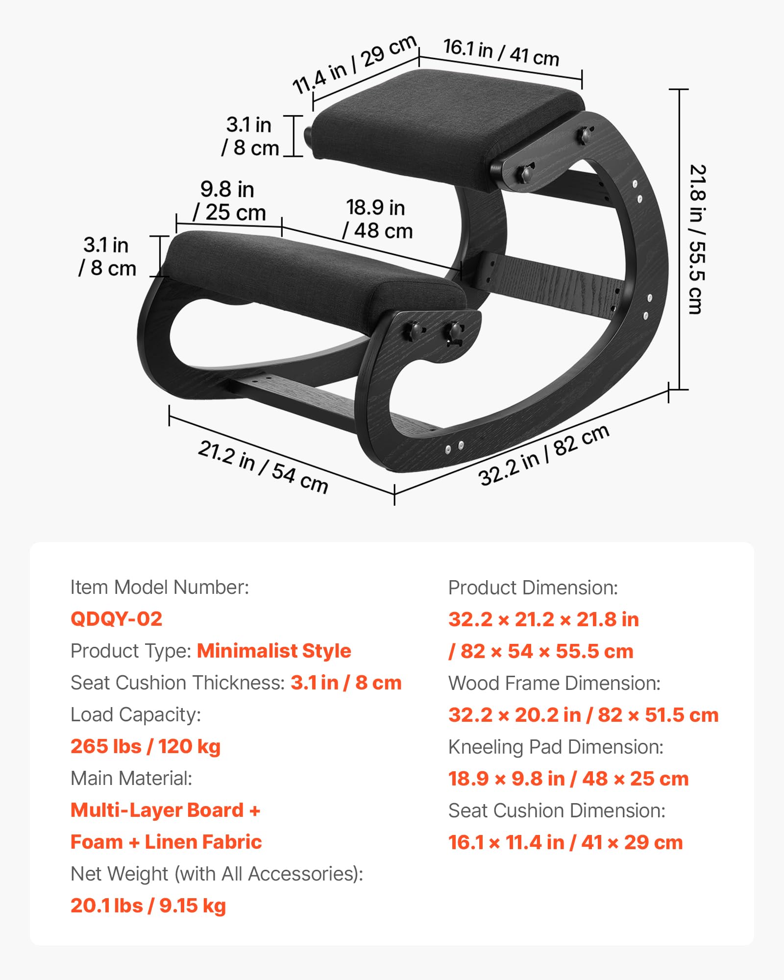 VEVOR Chaise à Genoux Ergonomique, Siège Assis Genoux Coussins en Mousse Épaisse, Réglables à 3 Niveaux, pour Maison Bureau Méditation, Cadre en Bois Massif, Soulage Tensions du Cou et du Dos, Noire