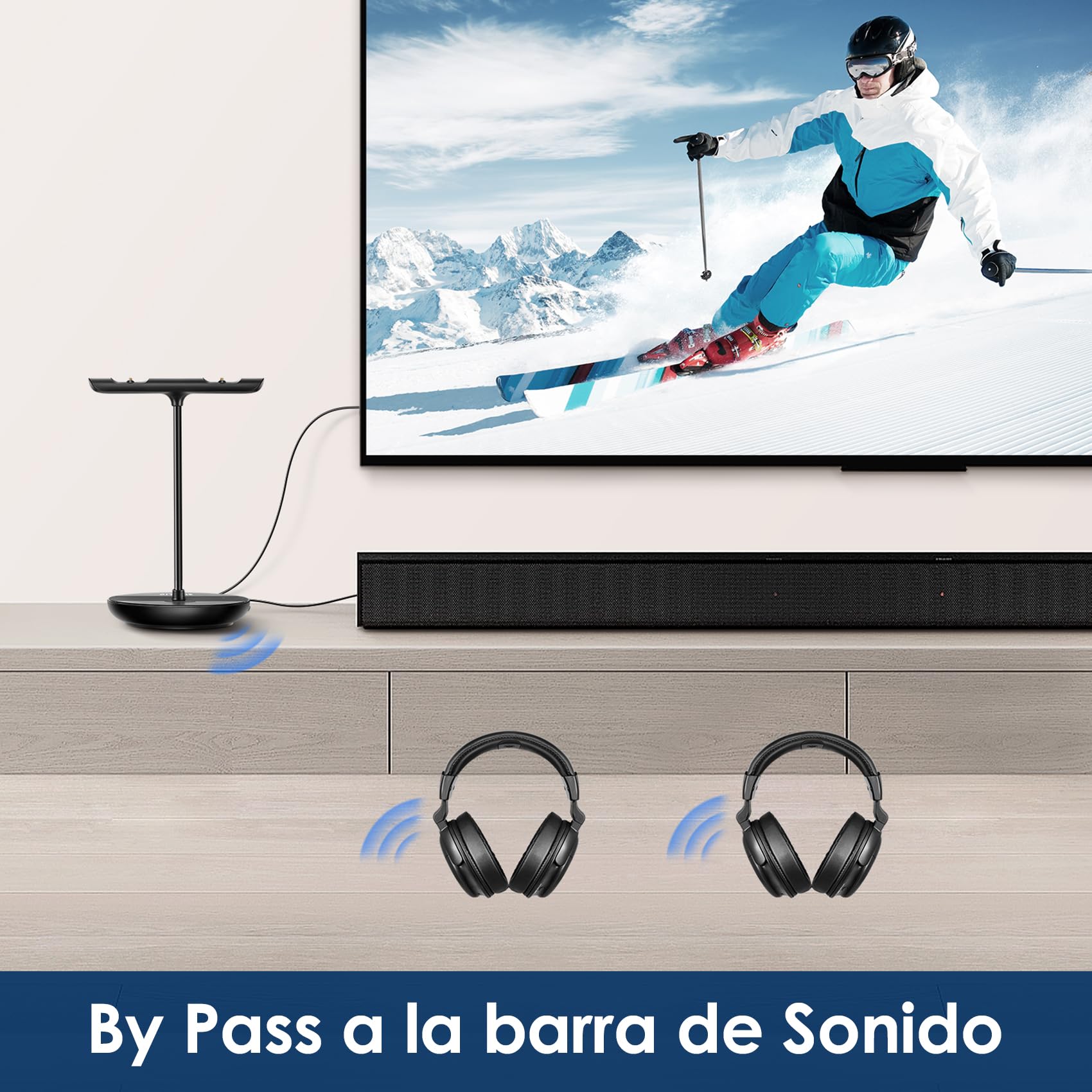 SIMOLIO 829D2 Duo Auriculares para TV con Modo Ambiente para Mayores | Modo TV y BT, Voz Clara, Control de Tono y Balance, Conexión para Soundbar, Base con Batería Extra, Sin Retraso, 50M