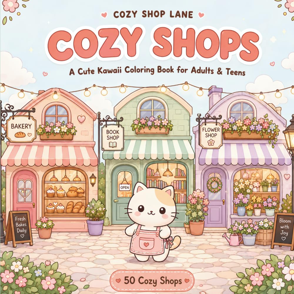 Cozy Shops: A Cute Kawaii Coloring Book for Adults and Teens with 50 Bold and Easy Cozy Shop Scenes of Bakeries, Bookshops, Flower Shops, Cafes, and Tiny Storefronts for Relaxation (Cozy Shop Lane)