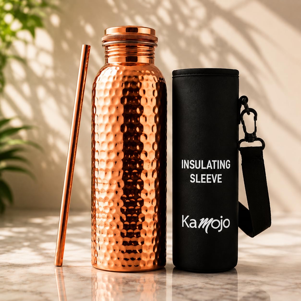 Kamojo Copper Water Bottle for Drinking - Hammered Pure Copper - Removable Insulating Sleeve & Straw