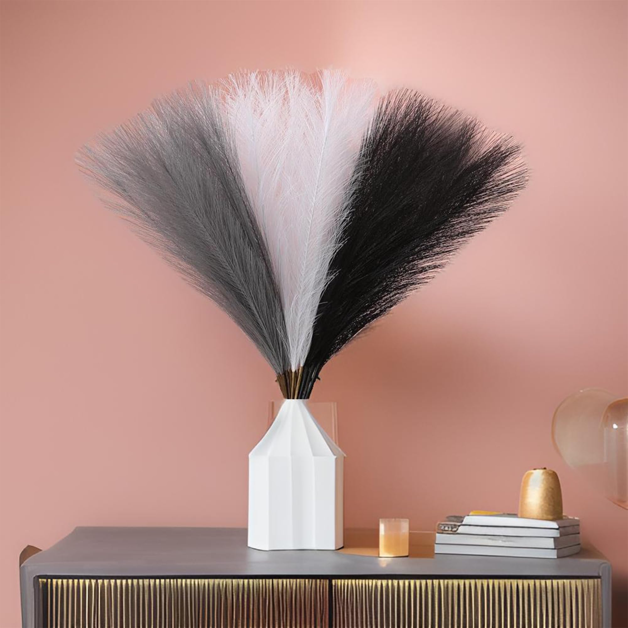 30pcs Pampas Grass,21.6 Inch Faux Pampas Grass Decor,Blush Artificial Fake Fluffy Plant Flower Arrangement for Home Wedding Party Decoration(Black,White,Grey)