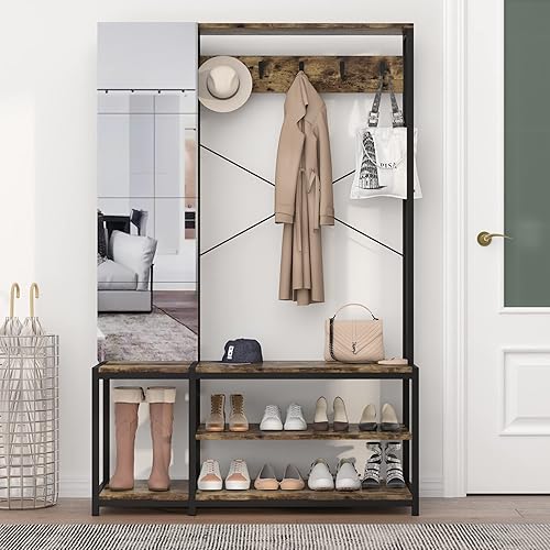 Miniatura 4 de PAKASEPT Organizador de armario independiente perchero con espejo estantes de almacenamiento y banco de zapatos perchero resistente para colgar ropa