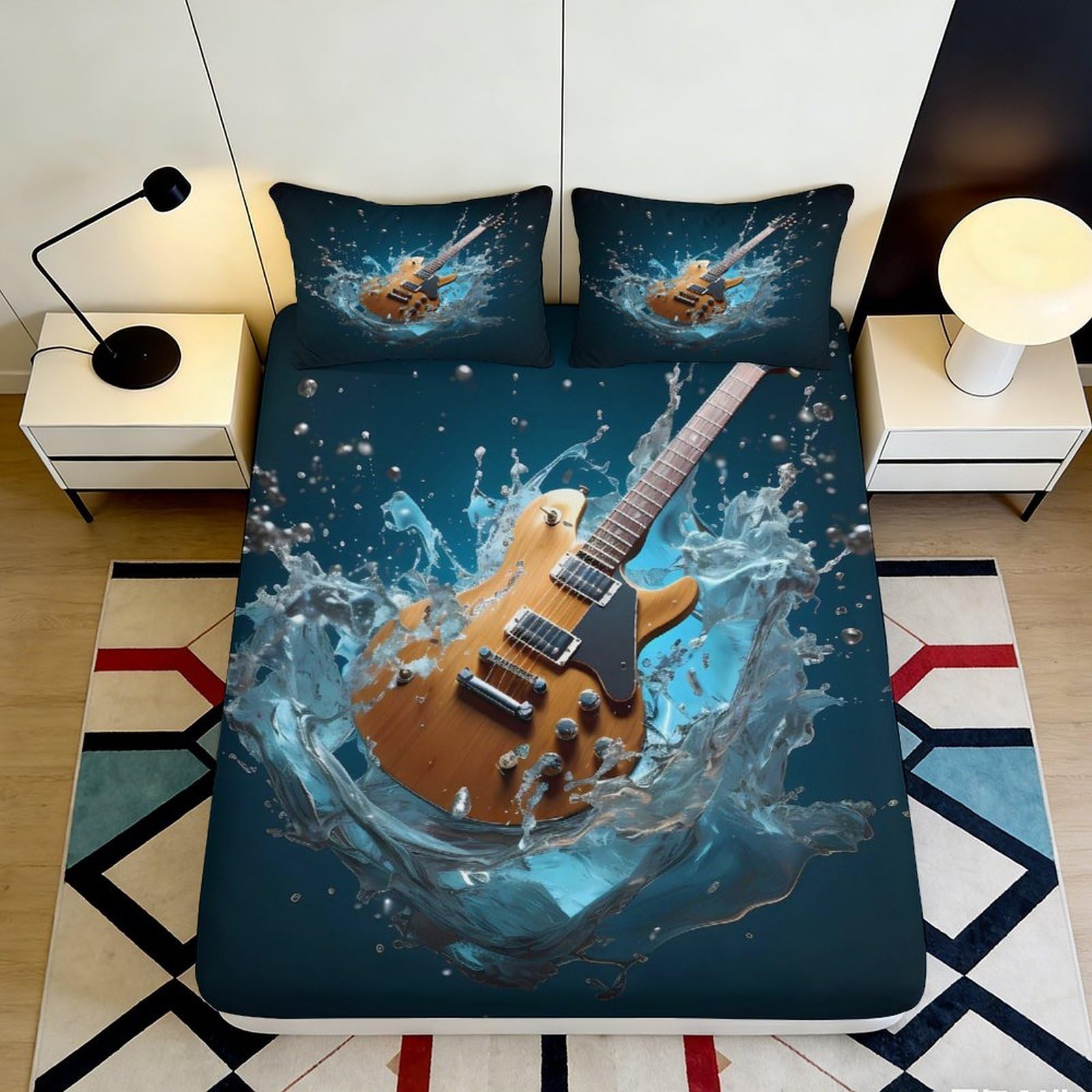 3D Printed Guitar Music Fitted Sheet Microfiber Deep Pocket Elastic Hem Guitar Mattress Fitted Cover for Bedroom Adult Teen 200x200x25cm 90x200x25cm