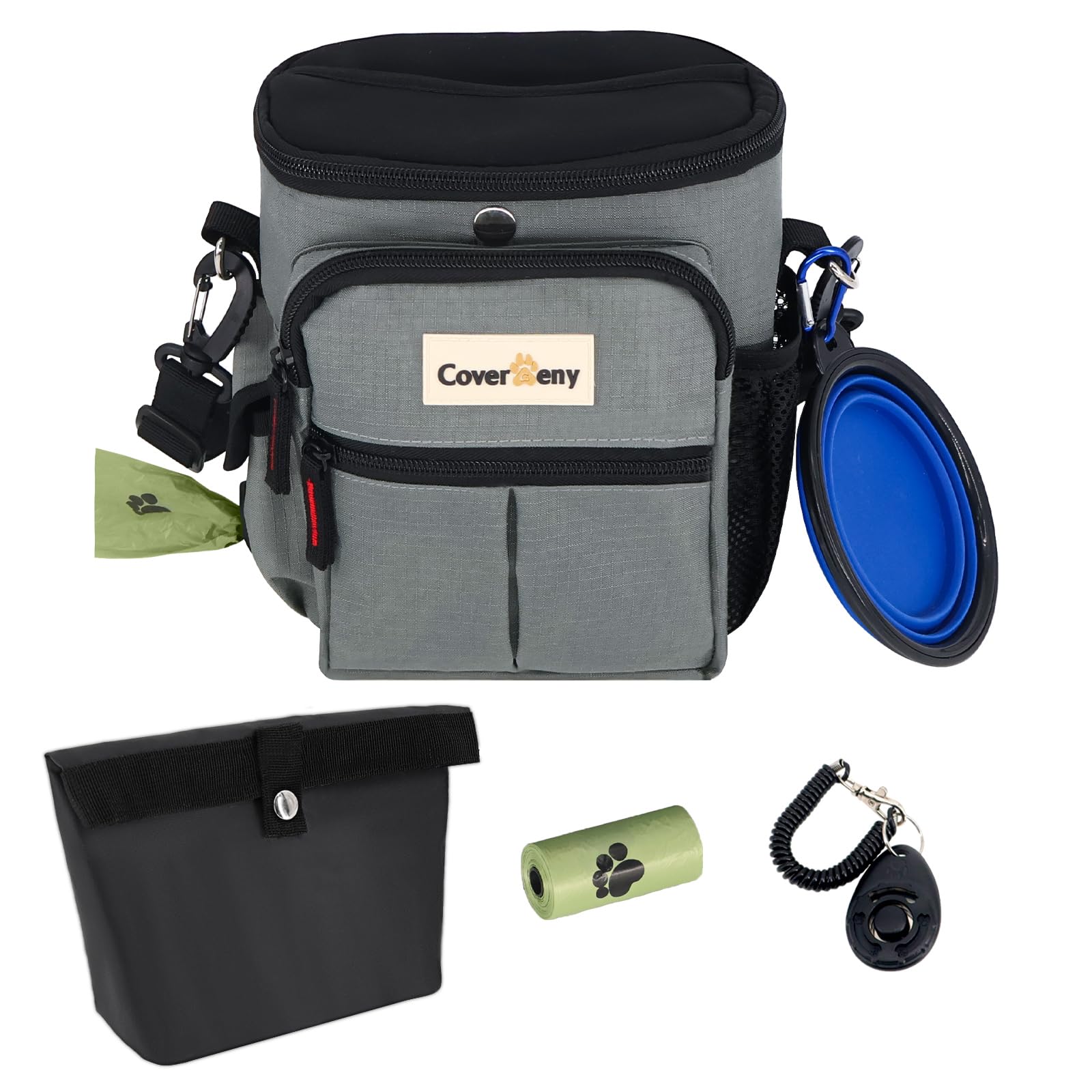 Dog Treat Pouch for Quick & Spill-Proof Access, Removable Pouch|Poop Bag Dispenser|3 Ways to Wear, Dog Treat Bag - Collapsible Bowl, Training Clicker & Poop Bag for Pet Training and Walking. (Grey)