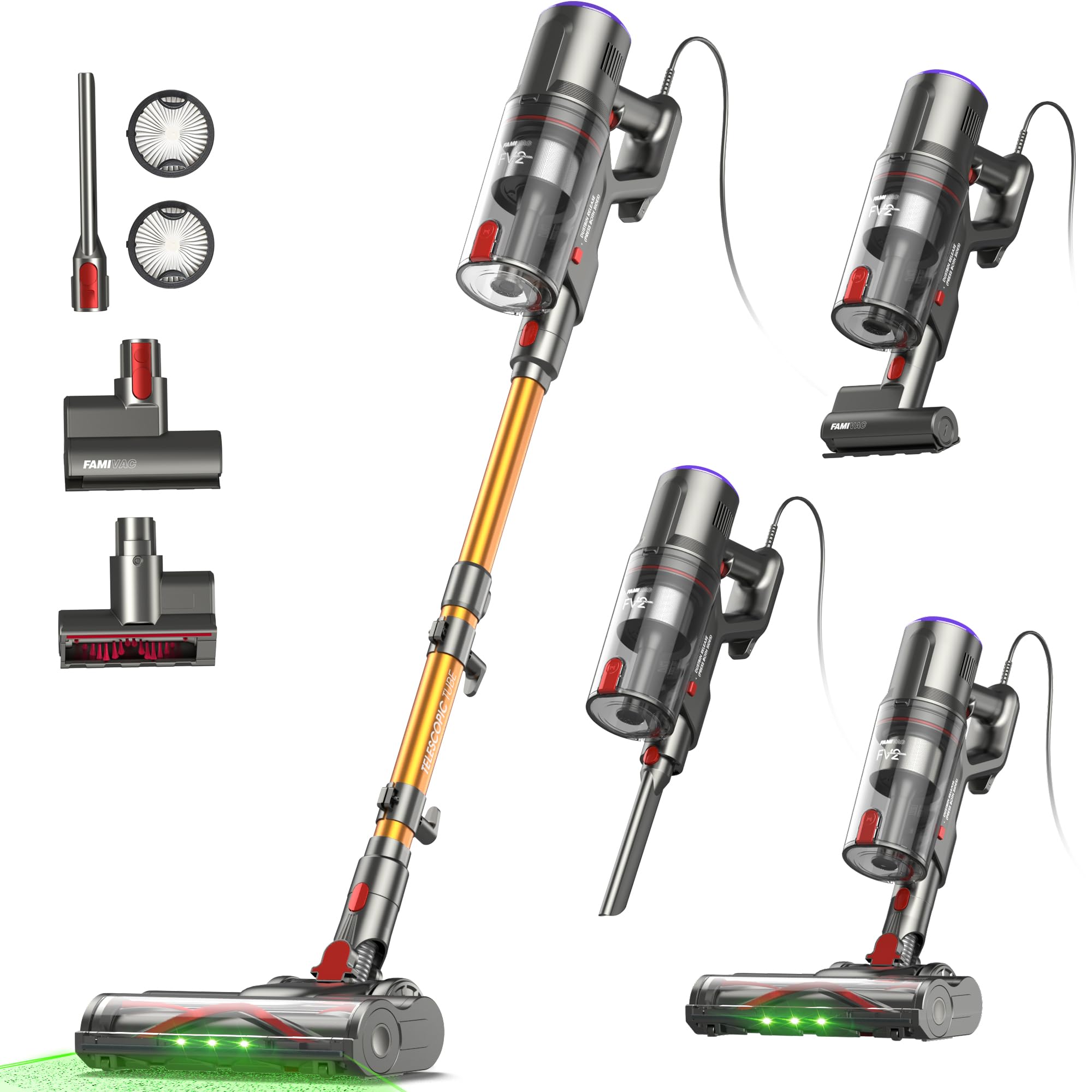 FAMIVAC FV2 Aspirapolvere con Filo, 65Kpa/600W Scopa Elettrica Potente con Spazzola per Materasso, 1,3KG Ultra-Leggero, Cavo 7M, 1,5L, Antigroviglio & Autoportante per Tappeti/Pavimenti/Peli Animali