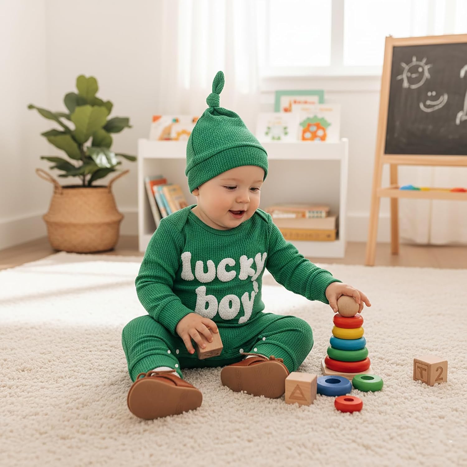 Newborn Baby Boy St Patricks Day Outfit Lucky Boy Clover Embroidered Romper Waffle Long Sleeve Jumpsuit with Hat Set - Image 2