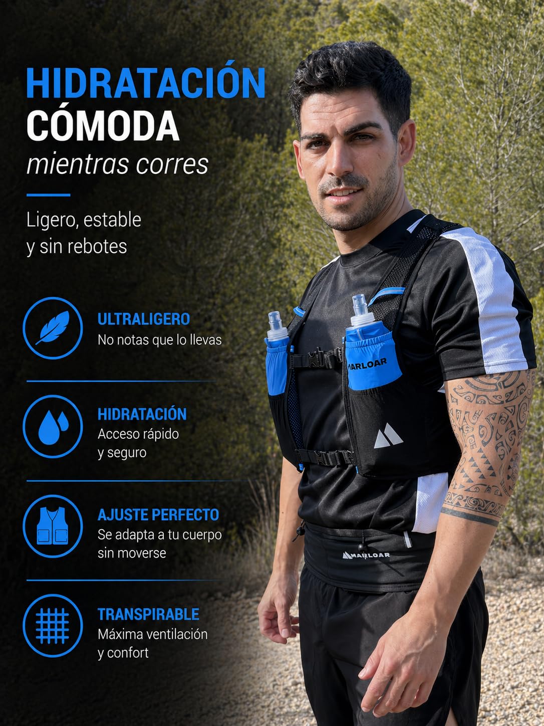 Chaleco Running para Trail Running con 2 Soft Flask 500 ml – Ajuste cómodo, Ligero y Transpirable