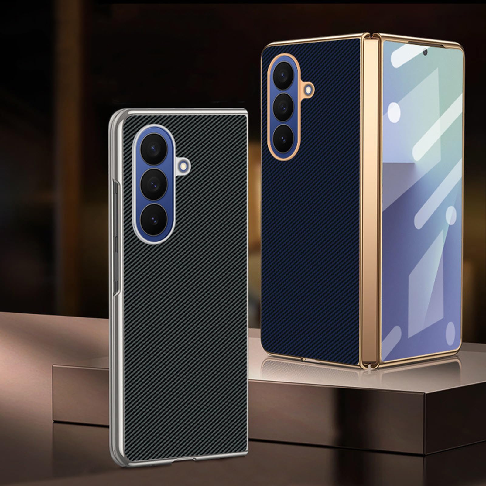 Galwanizowane etui do Samsung Galaxy Z Fold 7, wytrzymałe etui ochronne ze wzorem z włókna węglowego z osłoną ekranu ze szkła hartowanego (niebieskie)