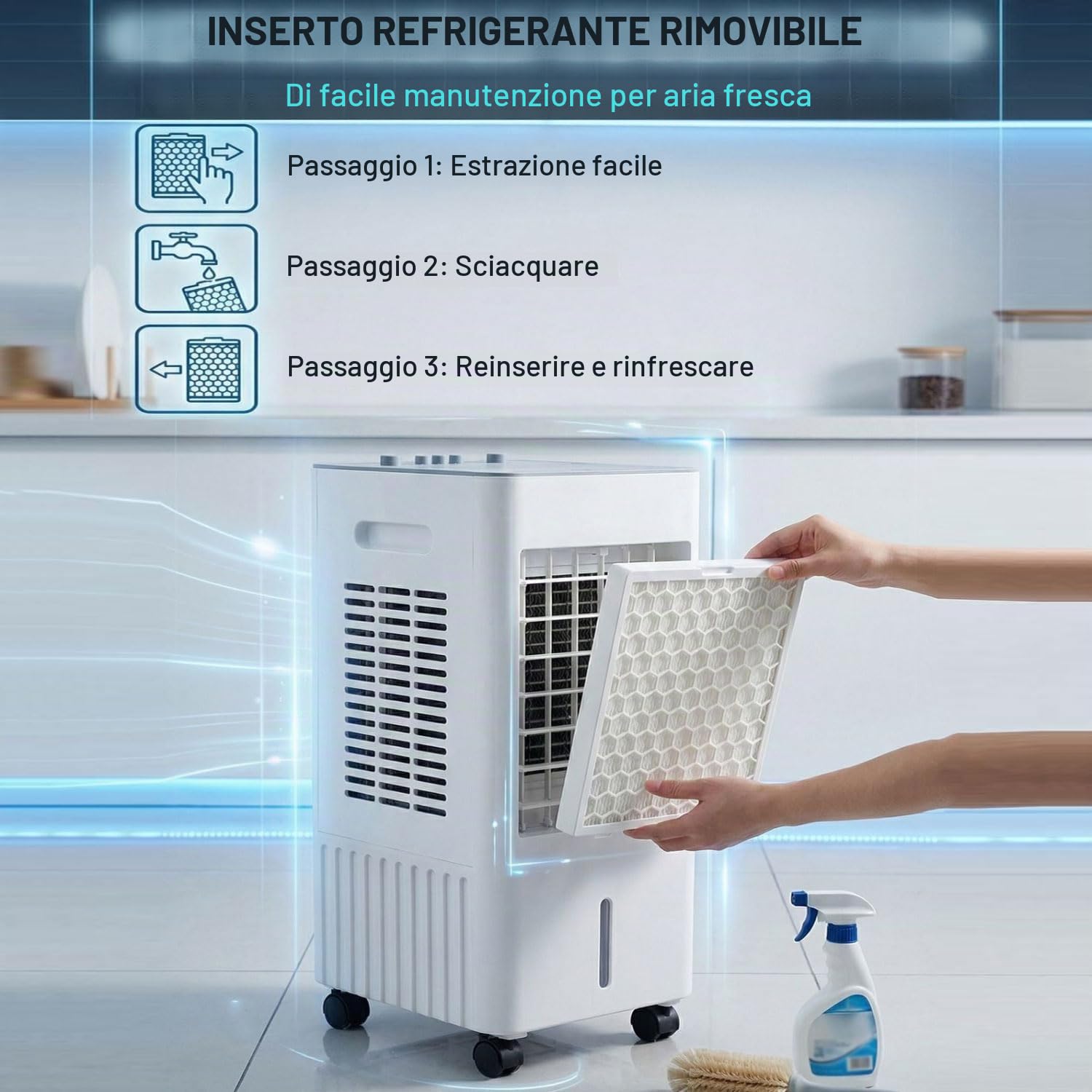 Climatizzatore Portatile Condizionatori a Evaporazione Portatile Senza Tubo Silenzioso 60W Raffreddatore d'Aria con 3 Modalità 3 Velocità Oscillazione 60° Timer 8H Ventilatore Aria Fredda per Casa