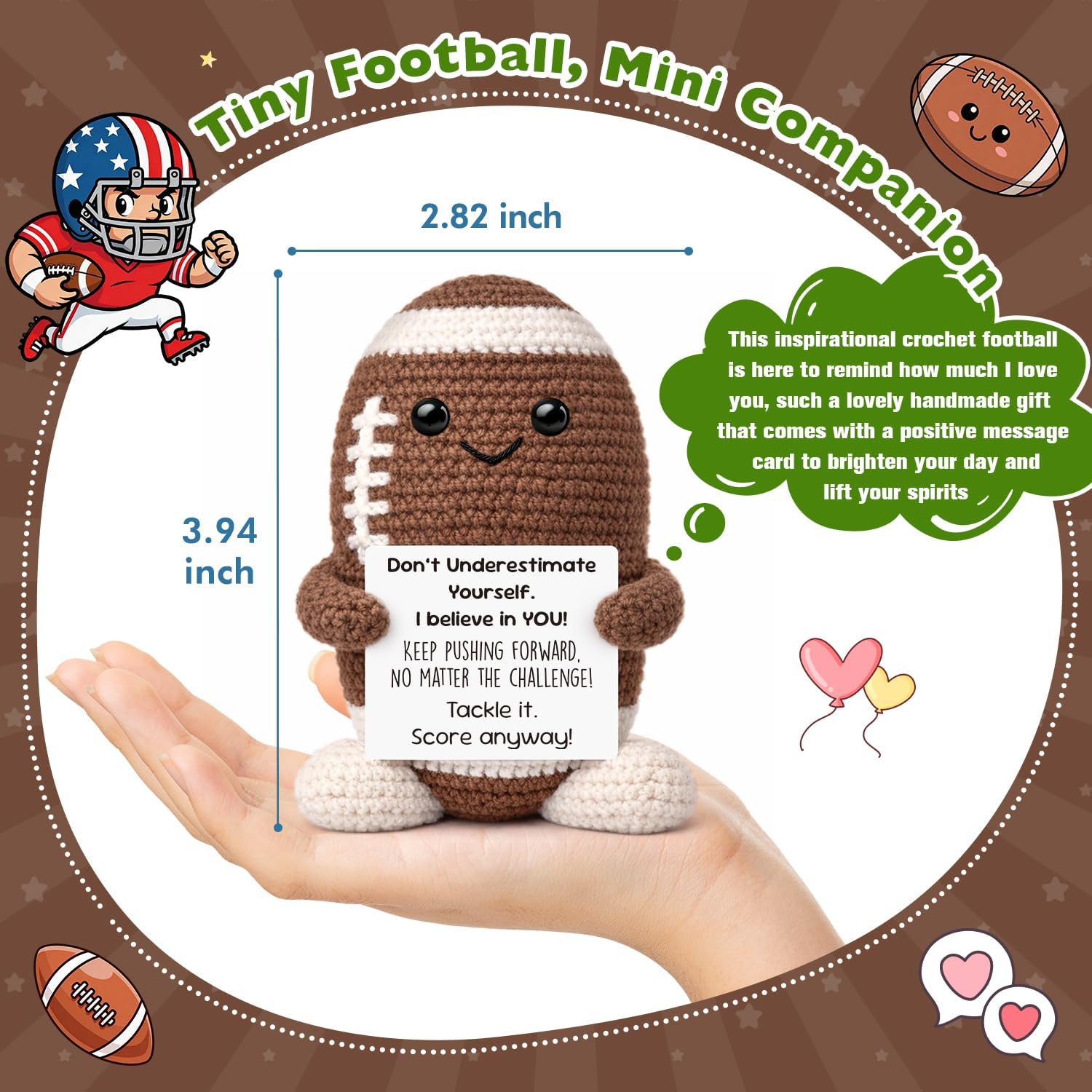 Inspirational Gifts for Teen Boys Men Women, Handcrafted Crochet Football Keepsake, Emotional Support Desk Decor, Cheer Up Encouragement Present for Graduation Students Coworker Friend