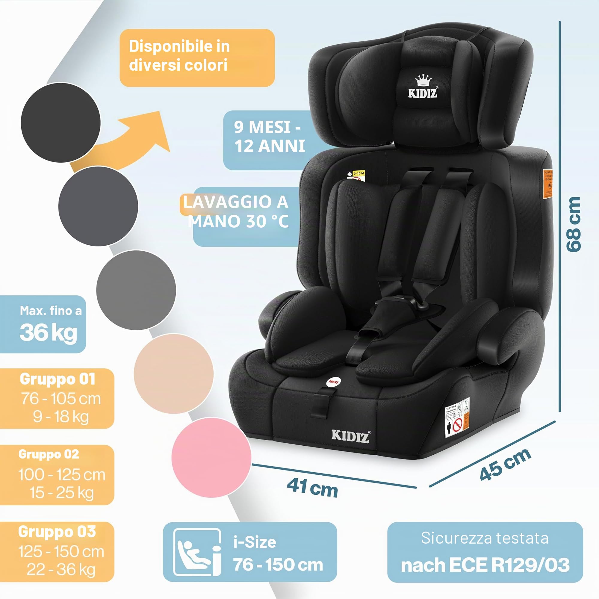 KIDIZ® Seggiolino auto i-Size R129, da 100 a 150 cm fino a 12 anni, gruppo 1/2/3, senza Isofix, seggiolino per bambini che cresce con il piede, cintura a 5 punti e poggiatesta regolabile in altezza