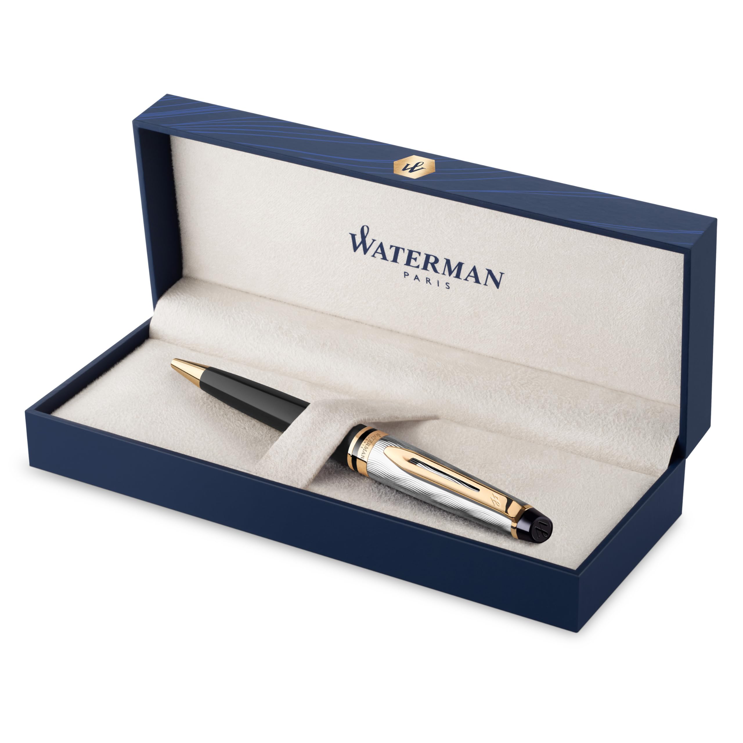 Waterman Expert, długopis, metal i czarny lakier ze złotymi zdobieniami, cyzelowana nasadka, końcówka medium.