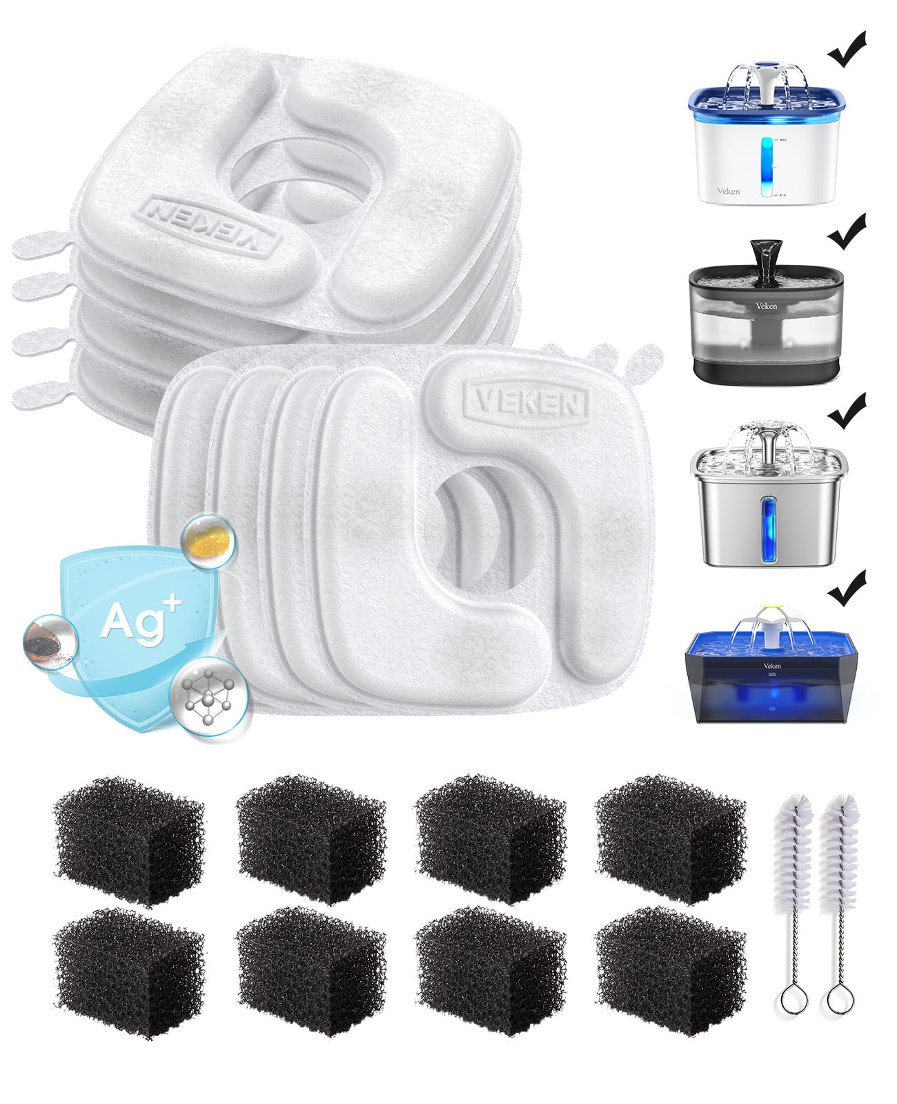 Veken Cat Water Fountain Filters 8 Pack Replacement Filters 8 Pack Replacement Pre-Filter Sponges Set for 50oz 84oz