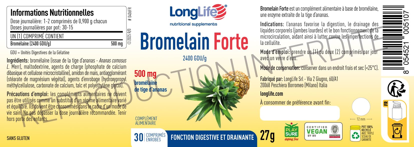 LongLife® Bromelain Forte | Haute concentration 2400 GDU/g | Bromélaïne issue de la tige d’ananas | Drainage jambes et digestion | Haute teneur en enzymes | 30 comprimés enrobés | Sans gluten et végan