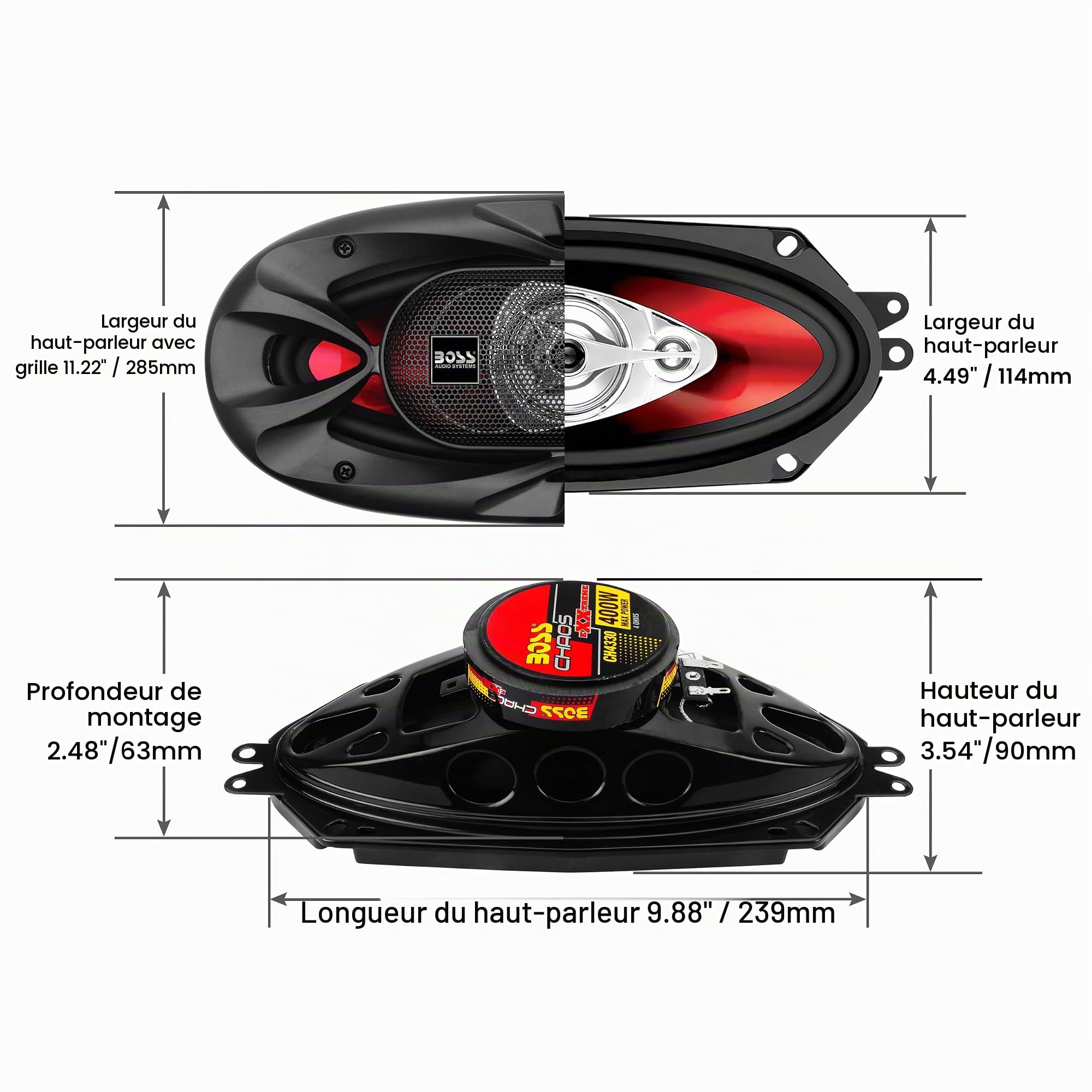 Boss Audio Systems CH4330 3-voies 400W enceinte de voiture - Enceintes de voiture (3-voies, 400 W, 400 W, Aluminium, 100 - 18000 Hz, 287 mm)