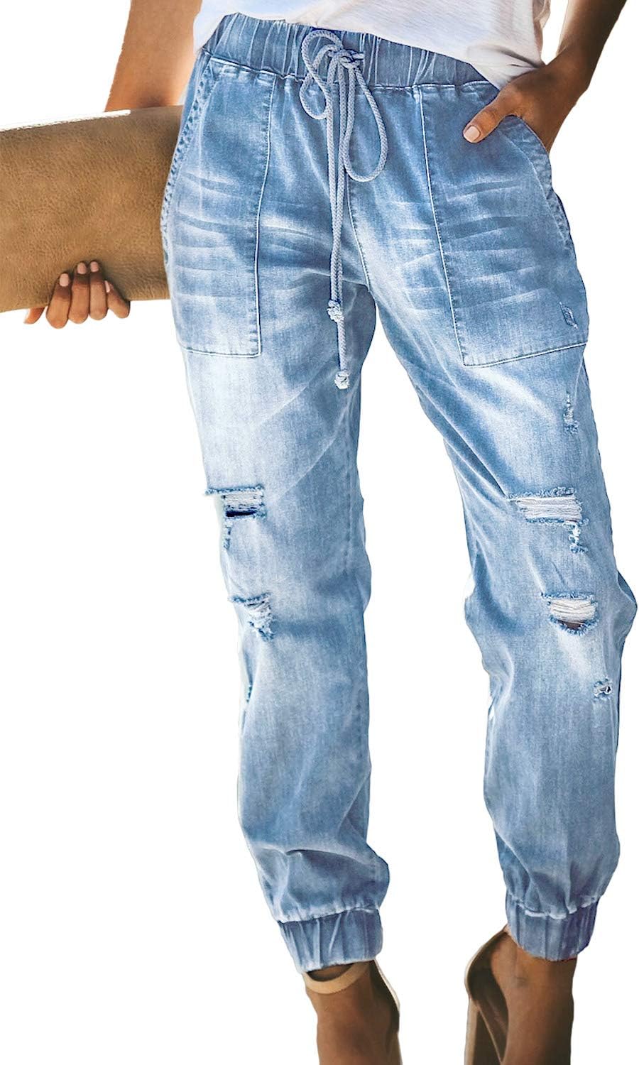 SidefeelWomen's Ripped Jogger Jeans Drawstring Elastic Waist Denim Pants