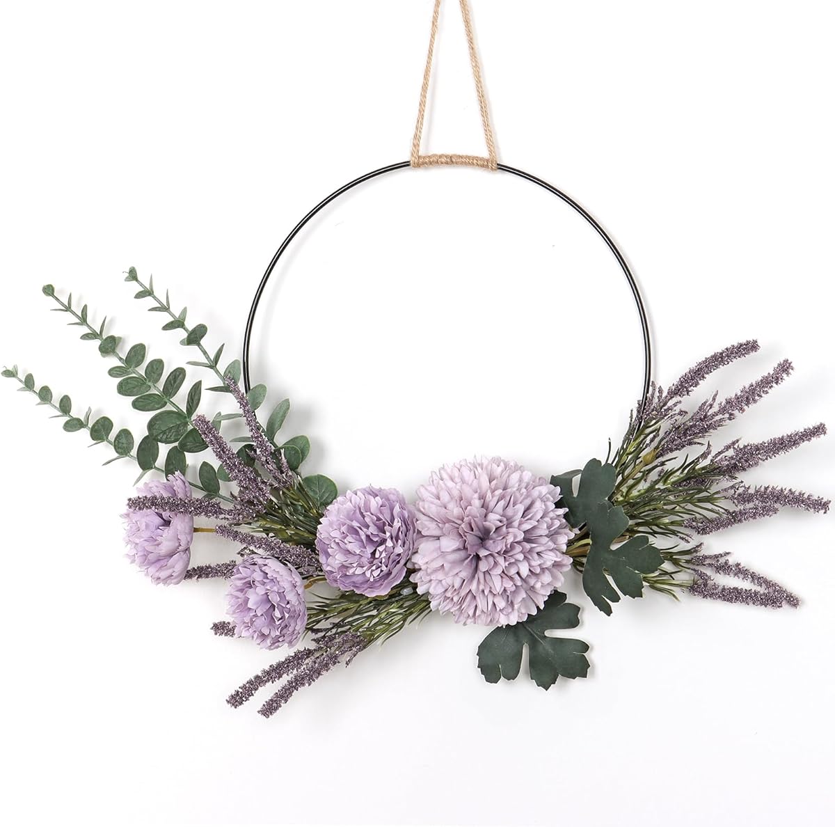 KHOYIME Floral Wreaths for Front Door, Artificial Purple Ranunculus Lavender Flower Wreath Outside All Season with Eucalyptus Stems Chrysanthemums Indoor Outdoor Porch Home Wall Window Hanging Decor