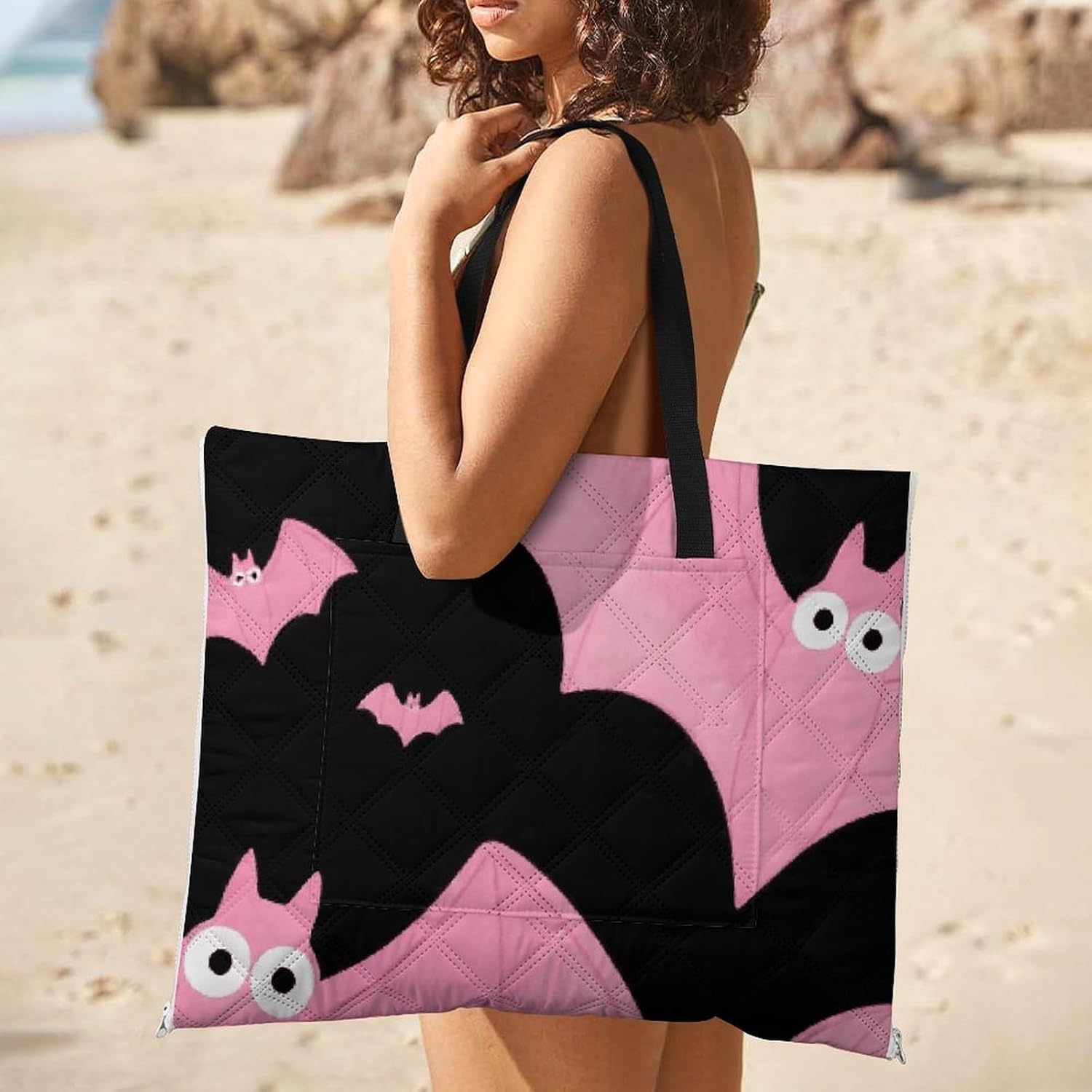 Halloween Black Bats Pink Picnic Blanket 150x100cm, Foldable 2-in-1 Picnic Mat and Tote Bag Portable Waterproof Beach Mat Sandproof Outdoor Blanket for Park, Hiking, Beach, Camping, Travel