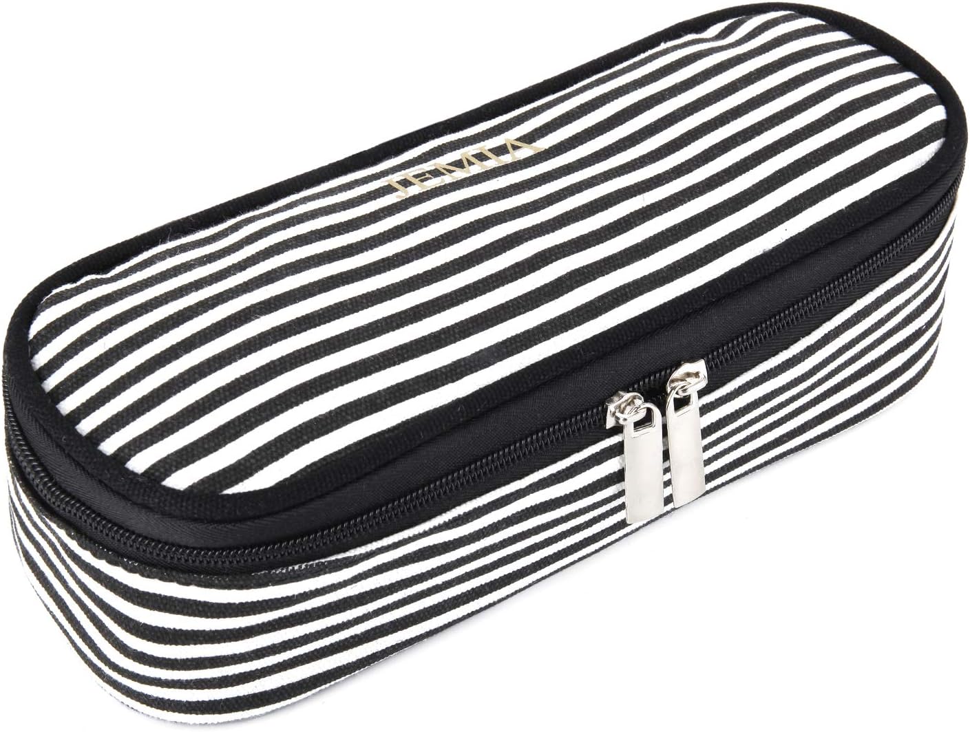 JEMIA Square Compartments Collection 1 Independent Zipper Chambers with Mesh Pockets Pencil Case (Black White Stripes, Canvas)