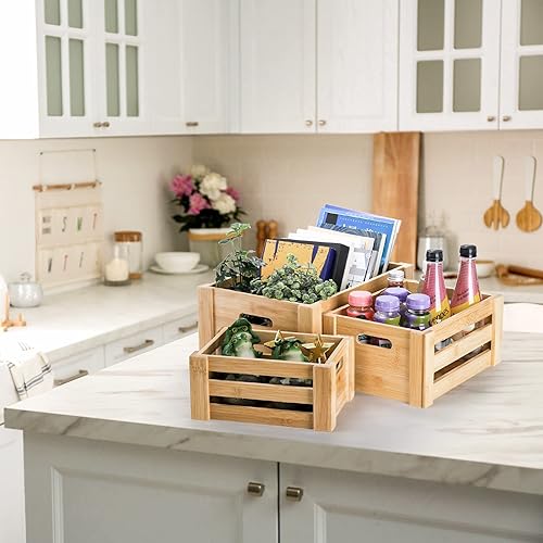 Miniatura 6 de Lawei Juego de 3 cajas de bambú con asas, caja de almacenamiento decorativa rústica, caja de almacenamiento para exhibición, cestas de bambú de