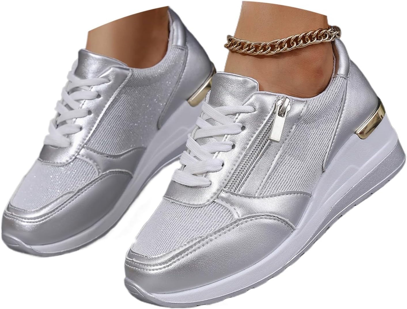 Womens Wedge Trainers, Ladies Platform Shoes Lace Up Comfy Classic Pumps Sneakers Shoes Fashion Heel Wedge Casual Zip Trainers