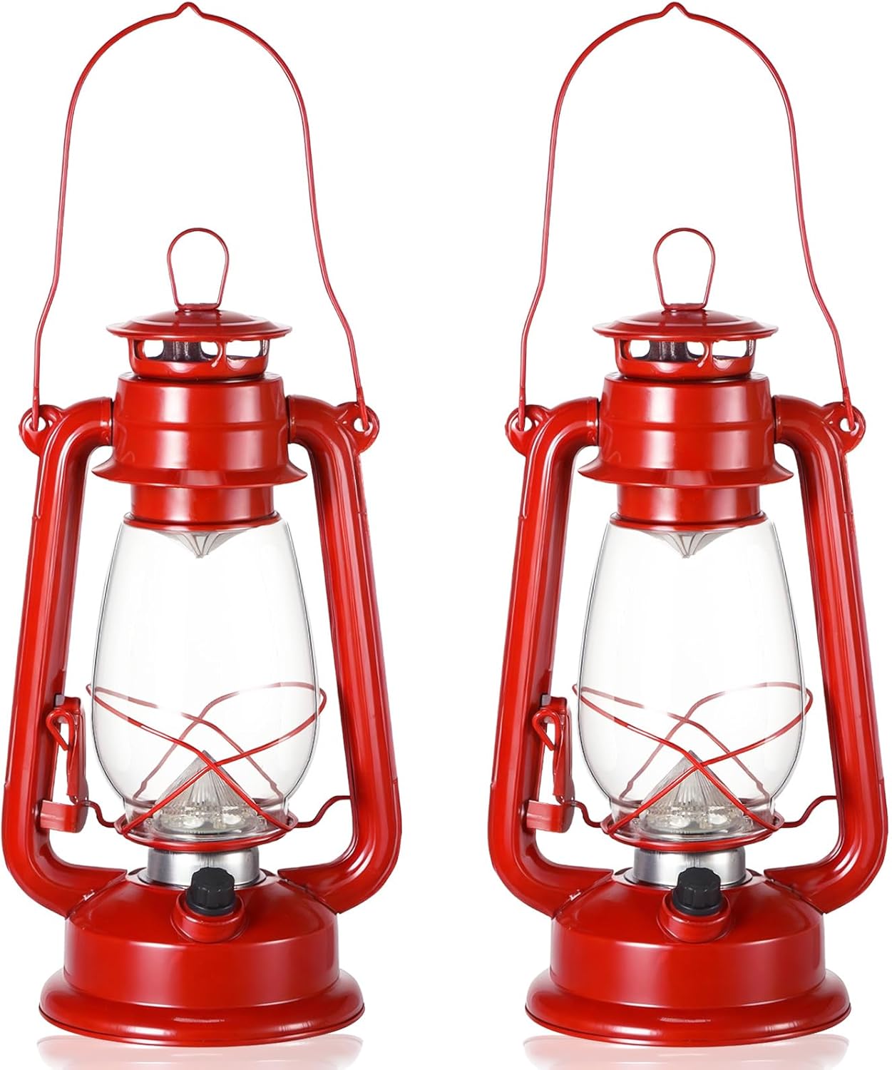 Hortsun 2 Pcs 12 Inch Vintage LED Hurricane Lantern Metal Red Outdoor Battery Operated Hanging Lantern with Warm LEDs and Dimmer Switch for Halloween Christmas Indoor Rustic Farmhouse Camping Decor 12 Inch 2