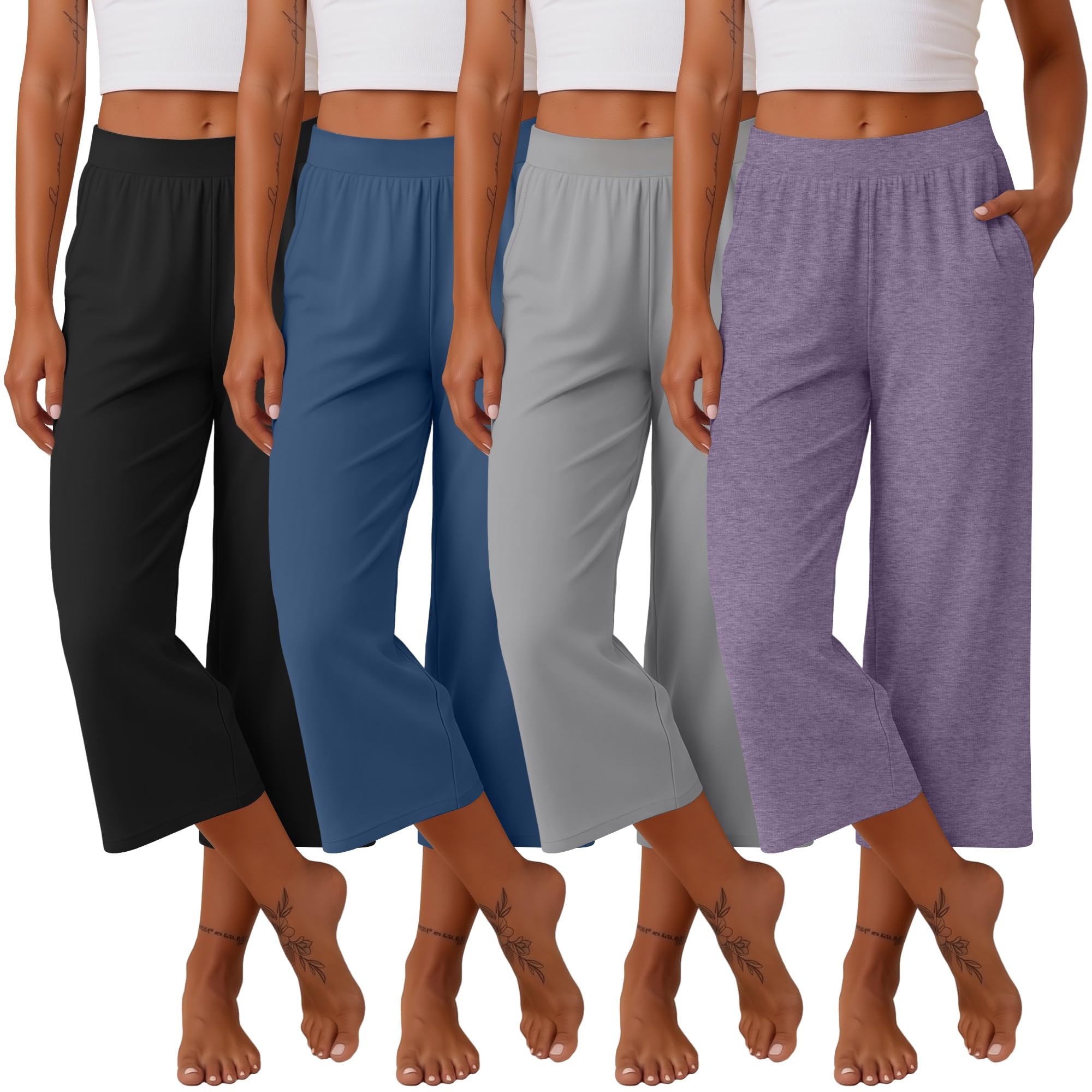 Neer Pantalones Capri para Mujer, de algodón, con Pierna Ancha, Pantalones de Deporte, Pantalones Cortos de Yoga con Bolsillos | Pantalones capri de yoga de pierna ancha, pantalones cortos de ajuste holgado, cintura elástica, pantalones capri de