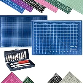 Kit Base de Corte A3 45x30cm Patchwork Artesanato Scrapbook Dupla Face Multiuso AutoCura Jogo Estilete de Precisão Profissional 13 Peças (Azul)