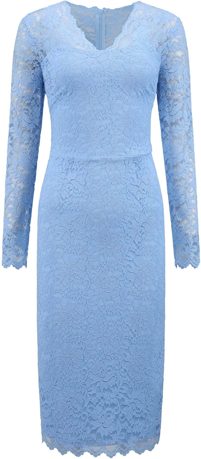 Women's Floral Lace Dress V Neck Long Sleeve Cocktail Wedding Bodycon Pencil Dresses