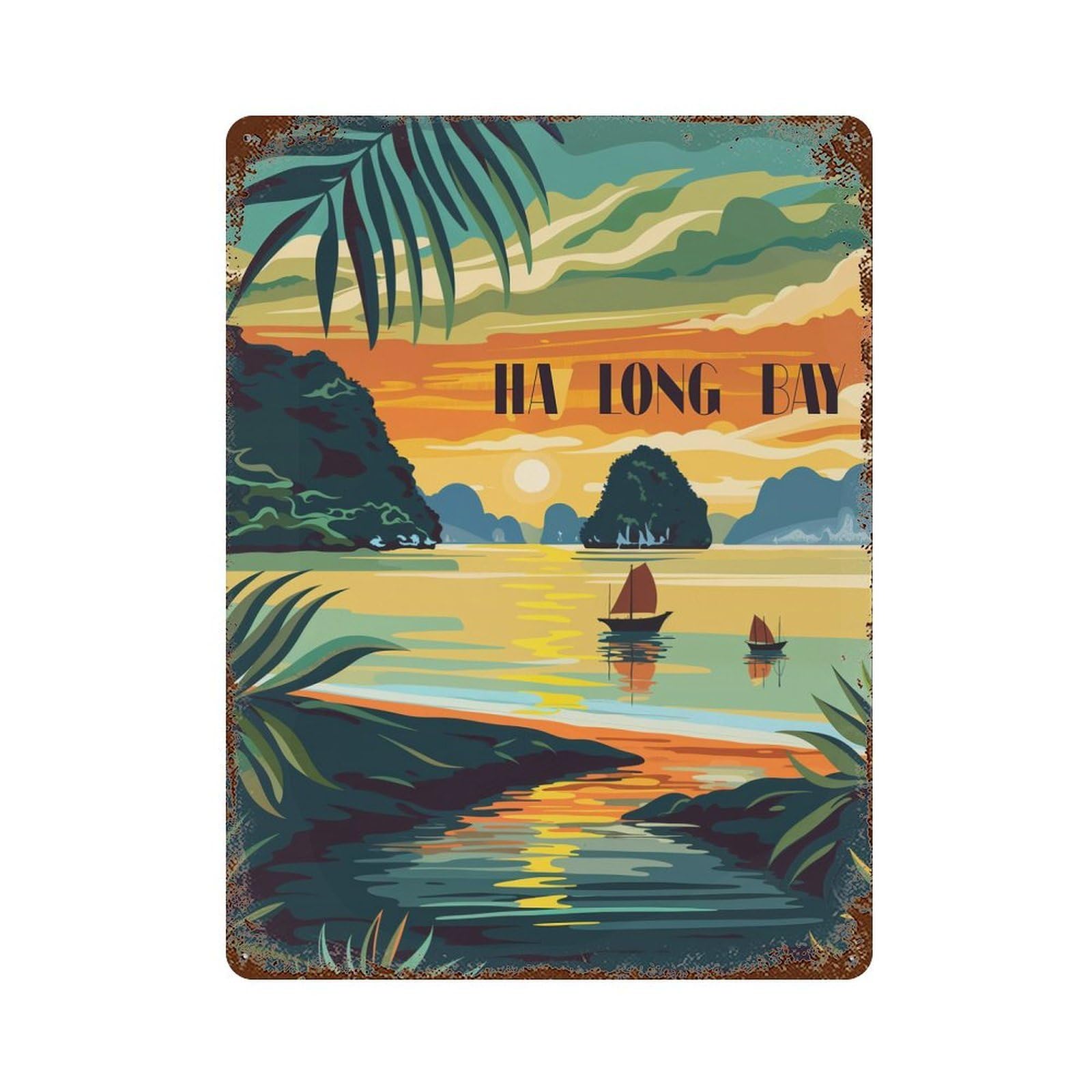 Ha Long Bay Sunset Retro Metal Sign 15.7"x11.8", Farmhouse Wall Decor for Cafe, Home Bar And Lounge Decor