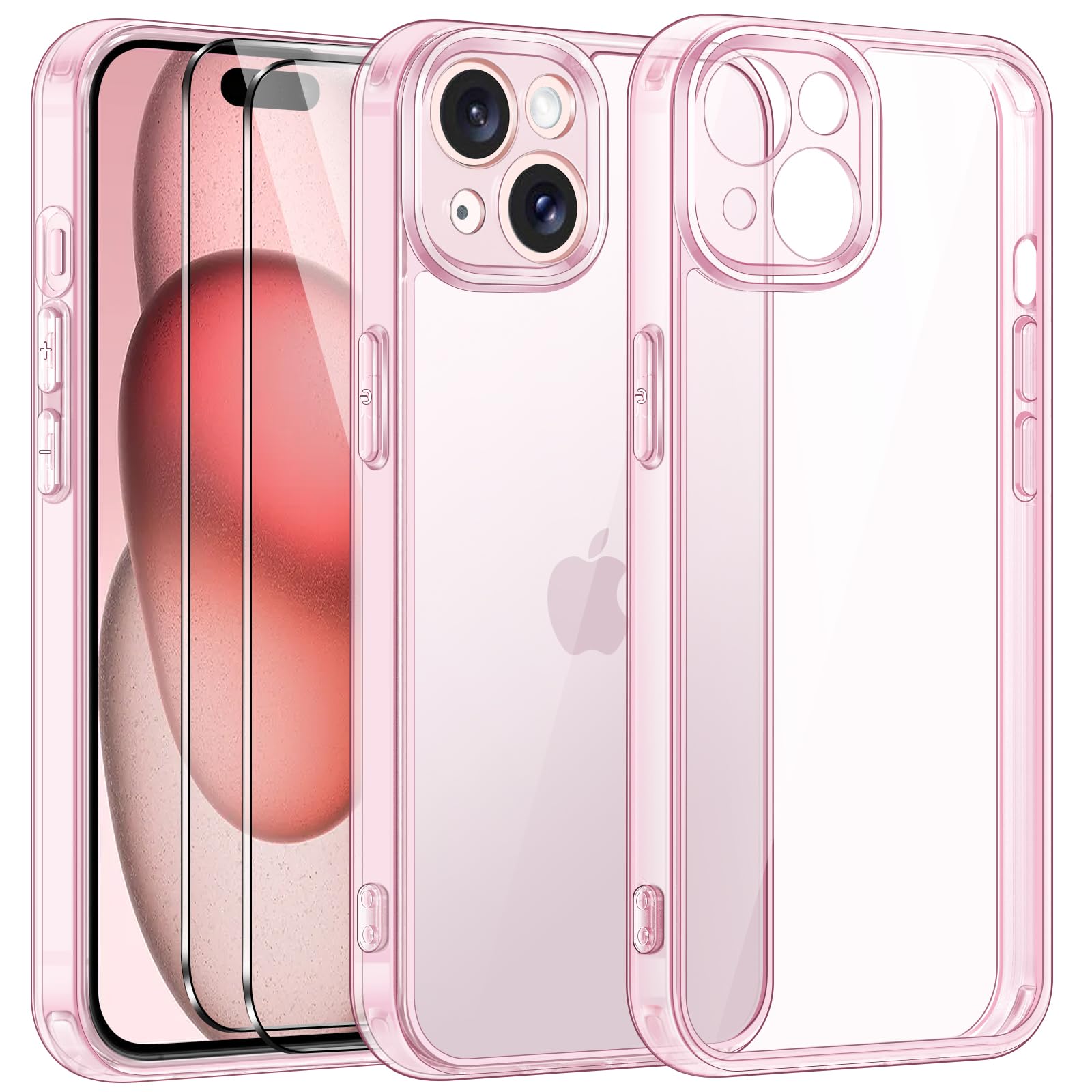 ivoler 3 in 1 Hülle Kompatibel für iPhone 15 6.1 Zoll, mit 2 Stück Panzer Schutz Glas, [Nie Vergilbung] [Kameraschutz] Schutzhülle Anti-Kratzt Transparent Rückseite (Hellrosa)