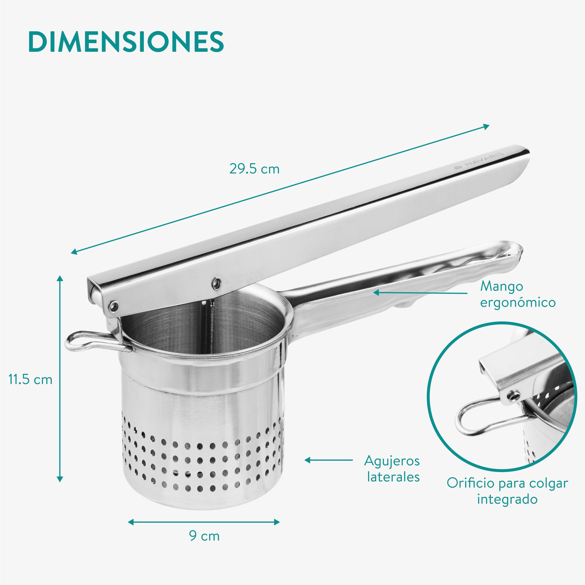 Navaris Pasapurés de acero inoxidable con tres discos incluidos - Colador profesional de cocina de Ø 30 CM - Para puré de patatas o potas para bebés