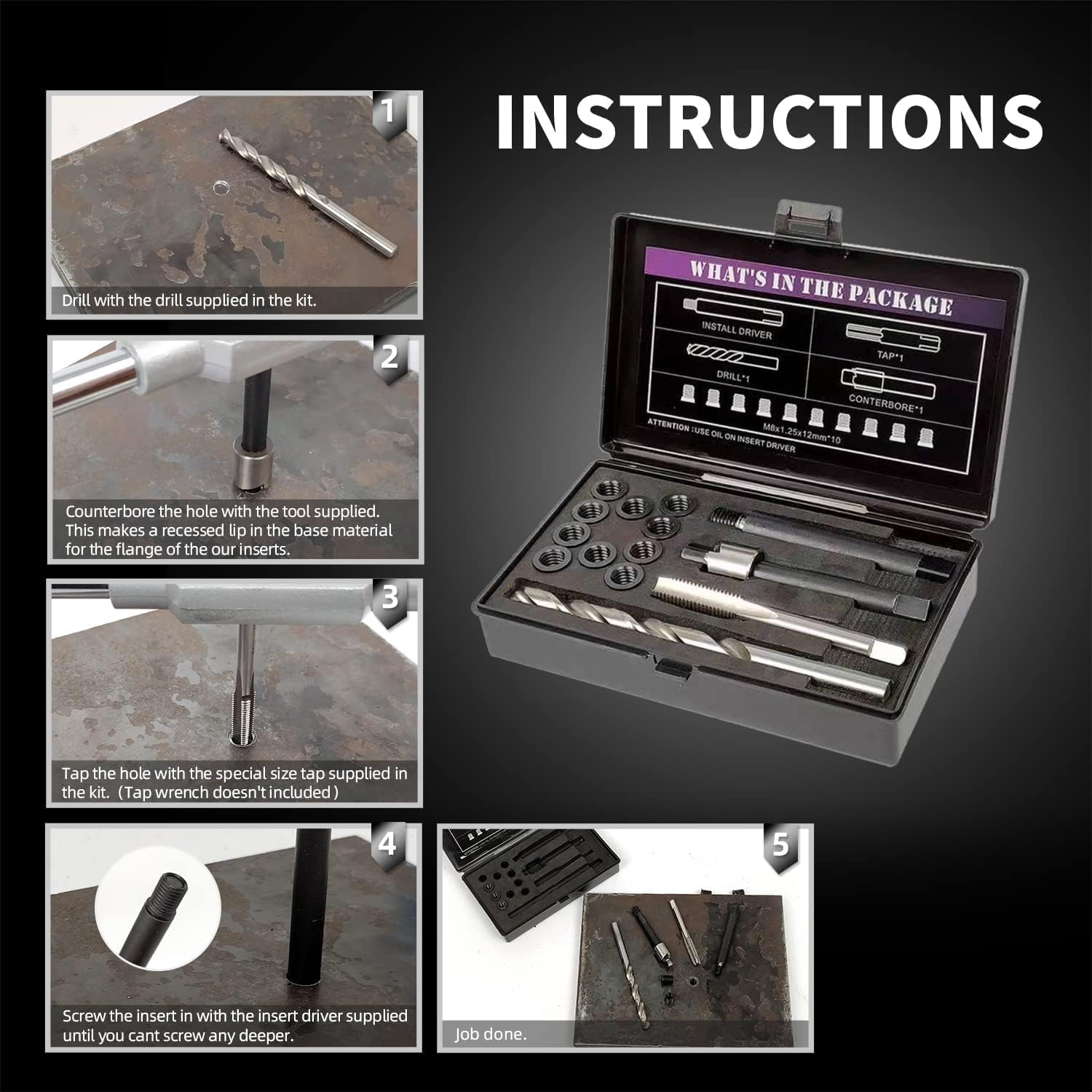 M6X1.0 Thread Repair Kit with 10PCS 9.4mm and 10PCS 12mm Stainless Steel Insert