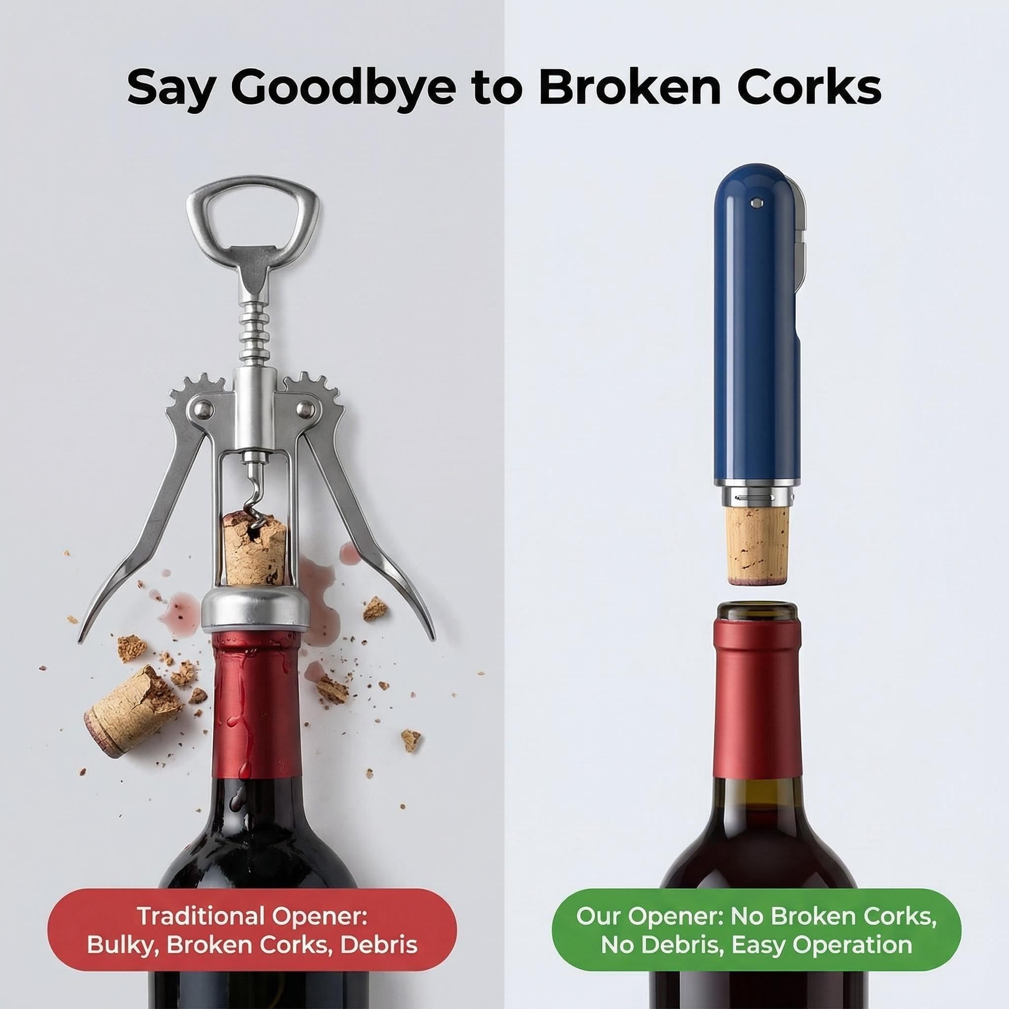 Sacacorchos bomba de aire con cortador de cápsulas – Abrebotellas a presión manual azul, set 2 en 1 profesional para casa, fiesta y regalo