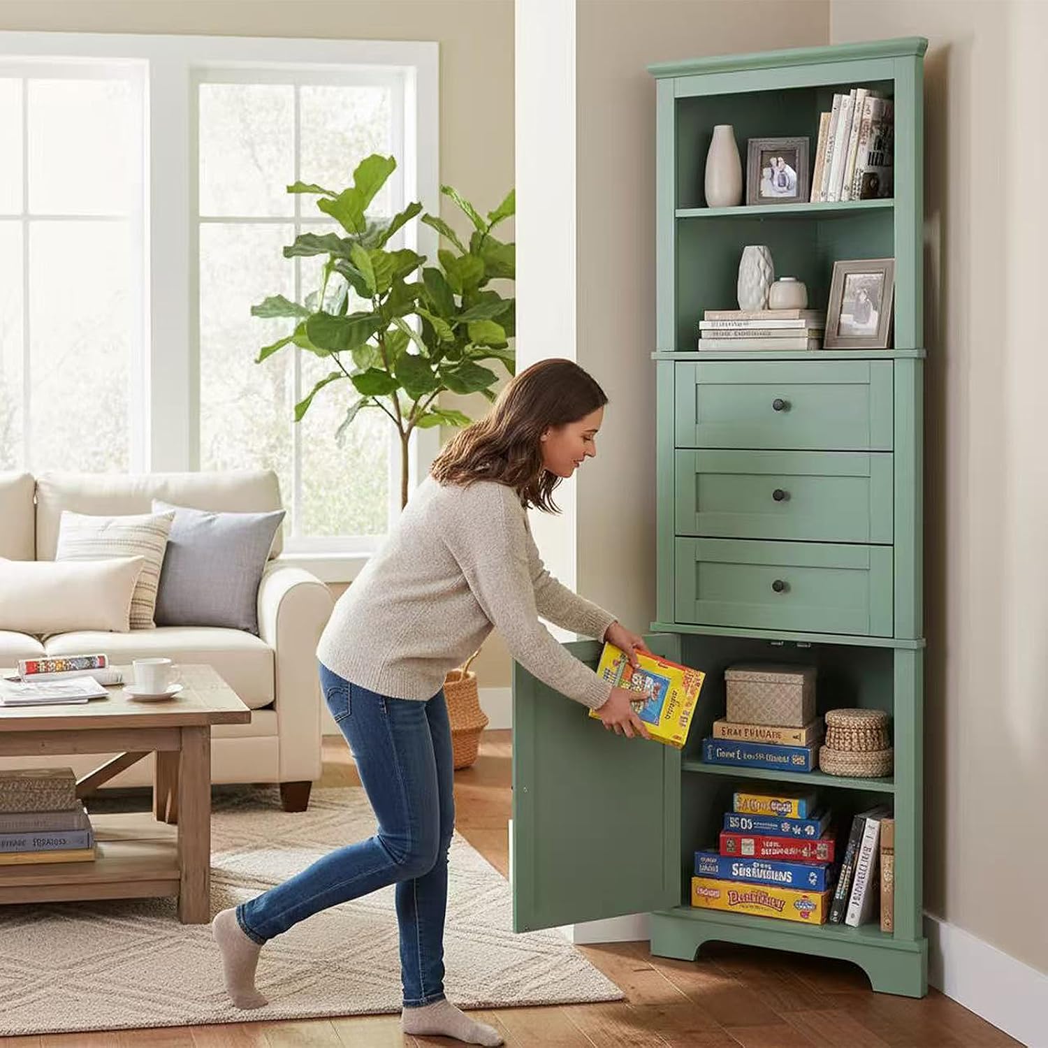 Tall Corner Storage Cabinet, Freestanding Bathroom Cabinet with 3 Drawers and Door, Slim Wooden Pantry with Adjustable Shelf for Living Room, Kitchen (Green-MDF)