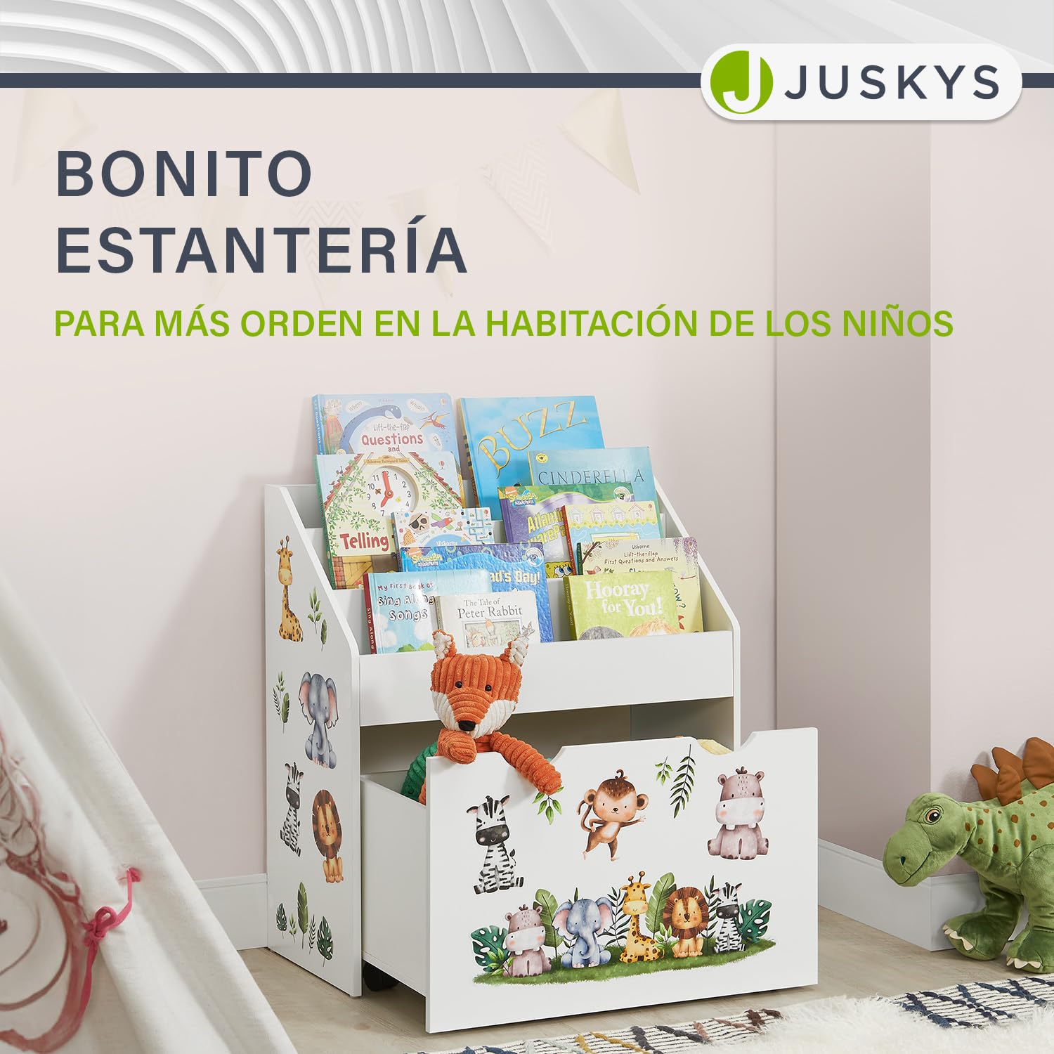 Juskys Estantería Infantil para Libros con 3 estantes y juguetero - Librería de Madera Blanca - 63x30x70 cm APA - Almacenamiento de Libros y Juguetes en la habitación Infantil