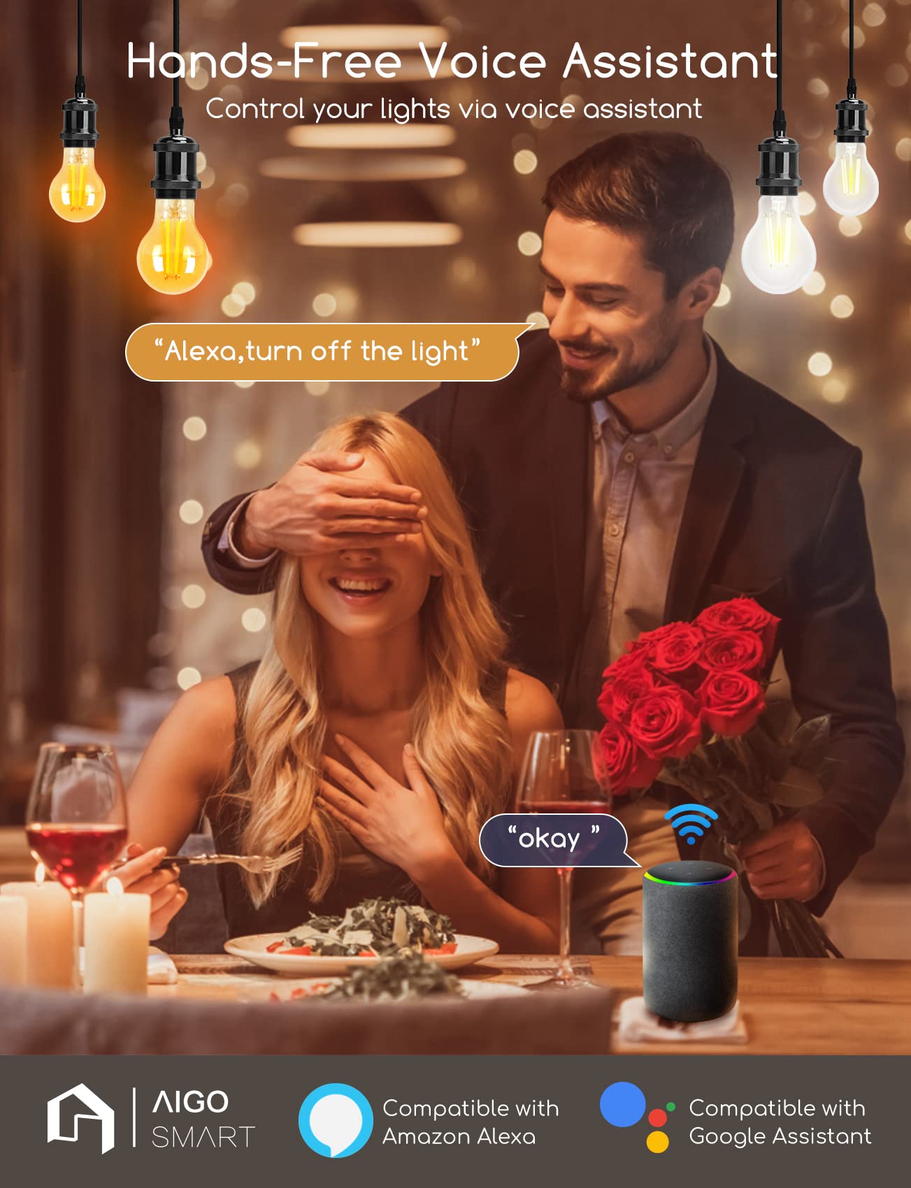 Aigostar Alexa Glühbirne E27 Edison Vintage Glühbirne 6W Retroglühbirnen LED A60 Smart Lampe Wlan Dimmbar 2700K-6500K, App Steuern Kompatibel mit Alexa und Google Assistant. Bernstein 6 Stücke