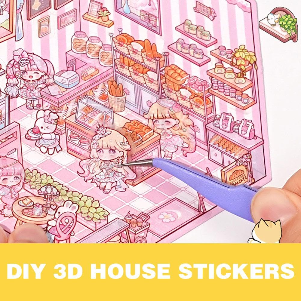 GAROMIA 3D House Autocollant Scène Miniature - Stickers Maison 3D Réutilisables, Pince à épiler, Jardin, Boulangerie, Bibliothèque, Café, Enfant