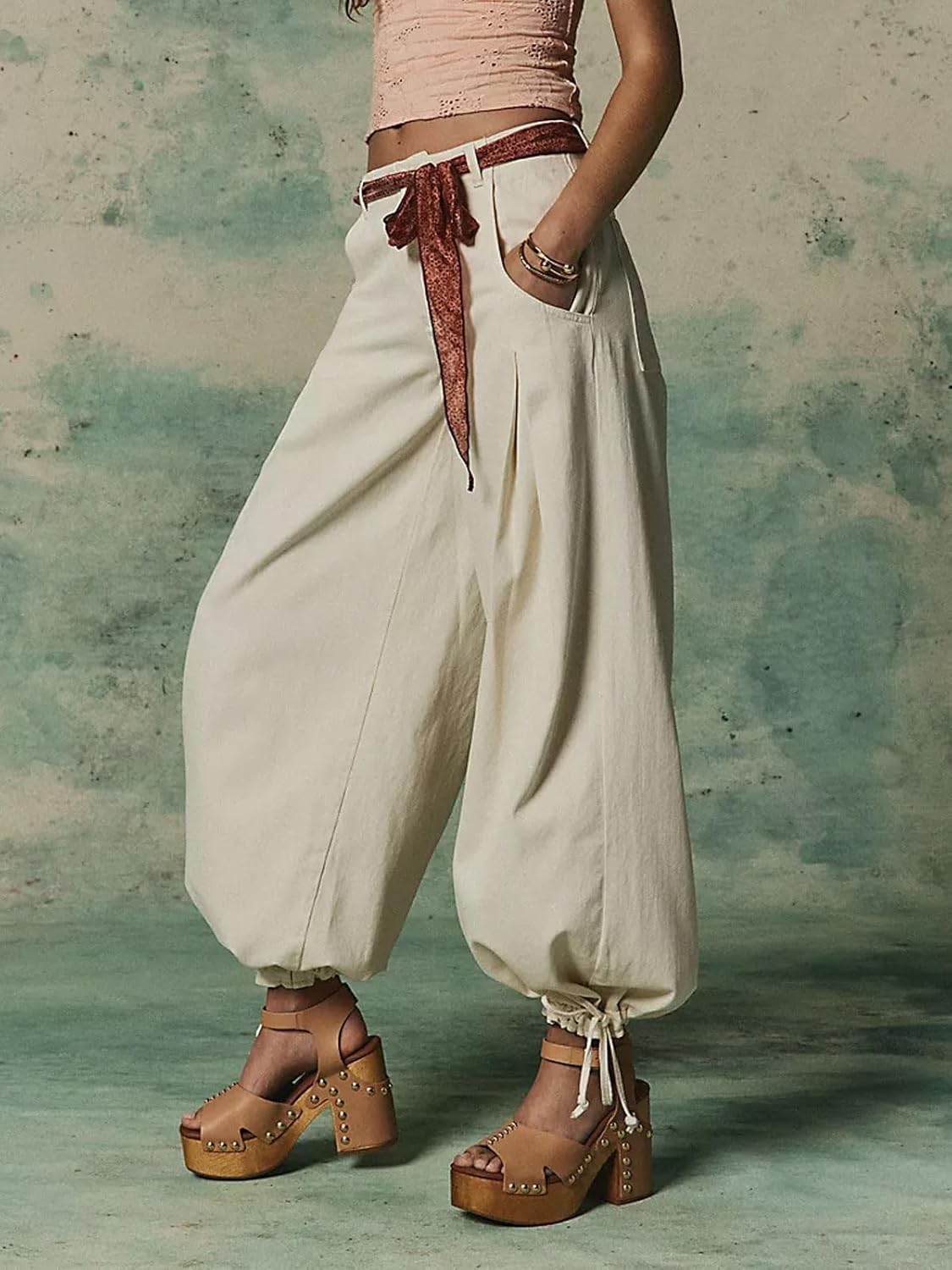 CHARTOU Women Y2k Lotus Jeans Tie Balloon Wide Leg Denim Pants Mid Waist Cargo Baggy Jeans Sweatpants