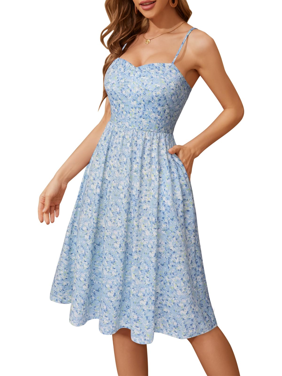 Sureple Summer Dresses for Women 2025 Casual Sweetheart-Neck Empire Waist Swing Aline Spaghetti Strap Dress with Pockets