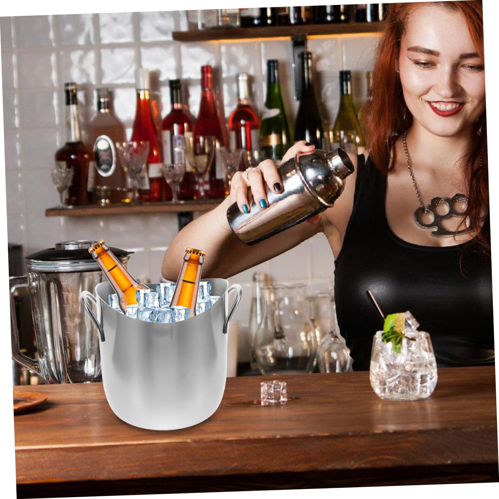 Cubitera De Acero Inoxidable Doble Asas para Hielo y Bebidas para Fiestas Hoteles y Bares Resistente y Fácil De Limpiar Capacidad Amplia para Eventos