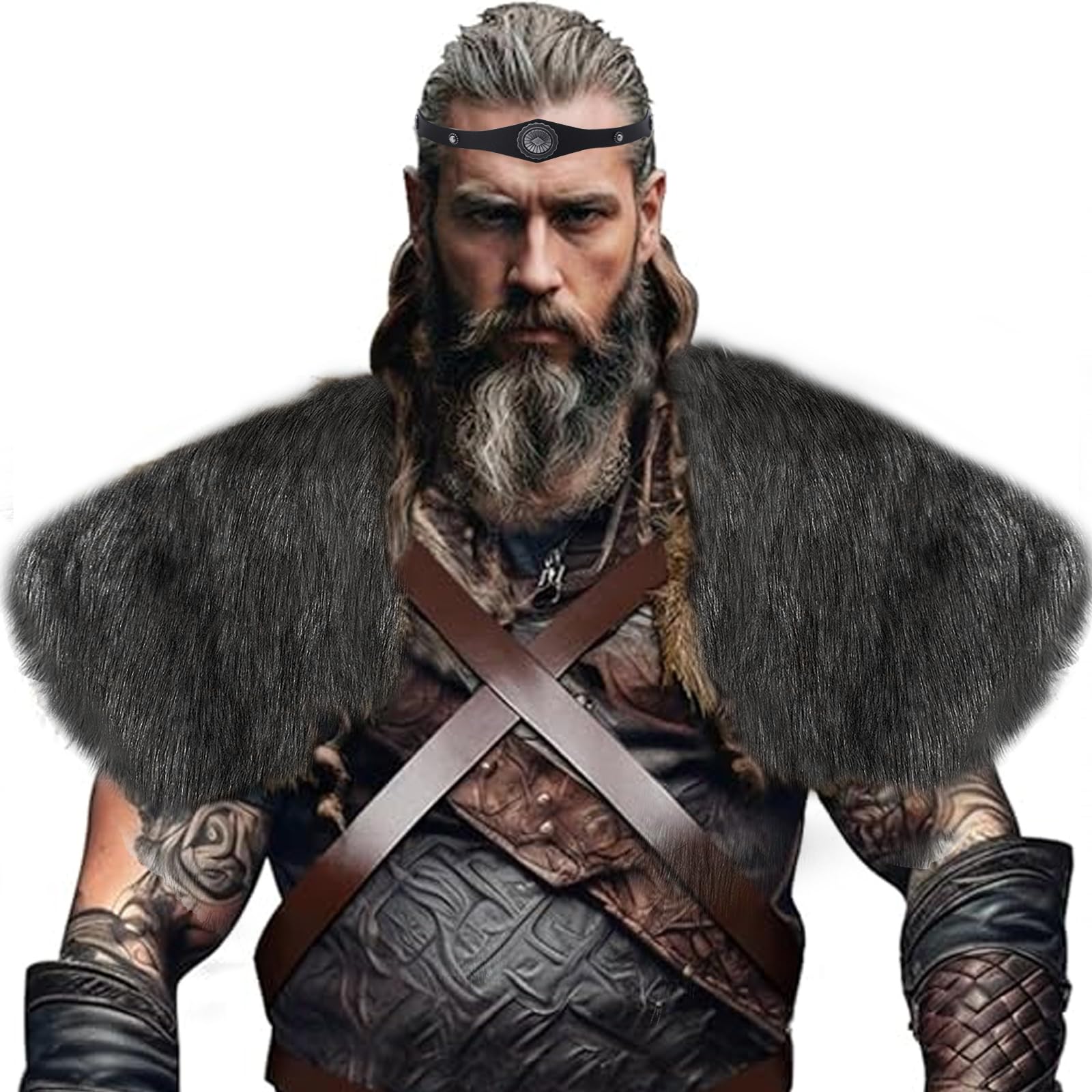 FakeFace Viking Faux Fur Shawl Renaissance Cape Medieval Mantle Shoulder Wrap Collar Furry Fur Collar Halloween Cosplay Costume (Black with Leather Headband