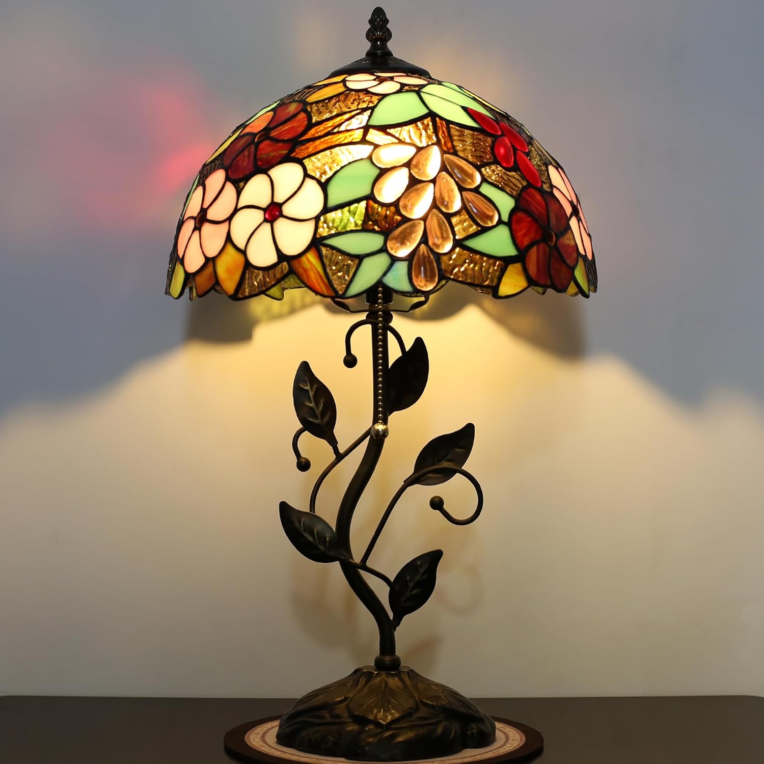 Tiffany Table Lamp Stained Glass Lamp Bedside Desk Reading Light W12H19 Inch Metal Leaf Base with Metal Leaf Base Bedroom Living Room (Grape Style)