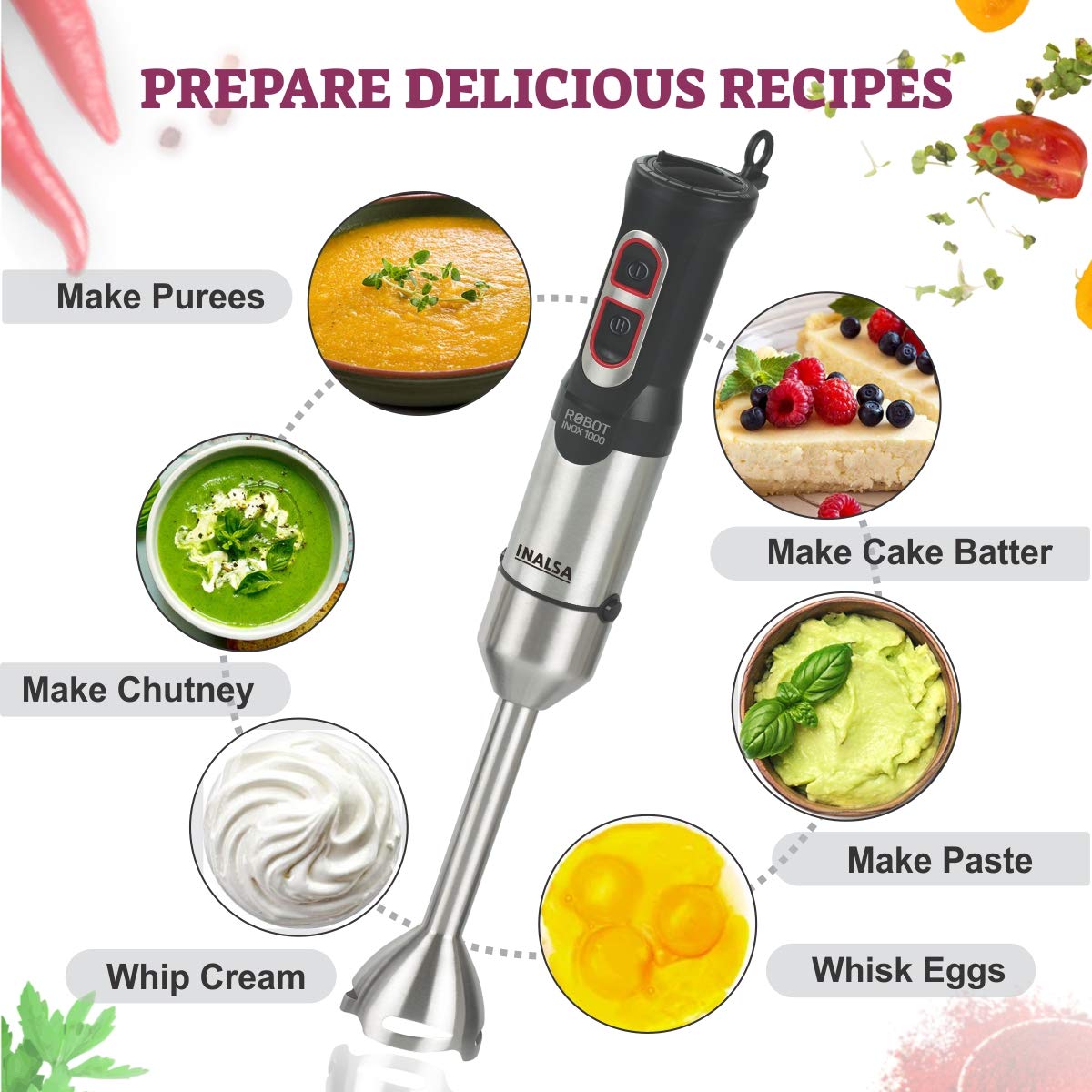 Inalsa Hand Blender Robot INOX 1000 Powerful 3 in 1 Chopper/Whisker