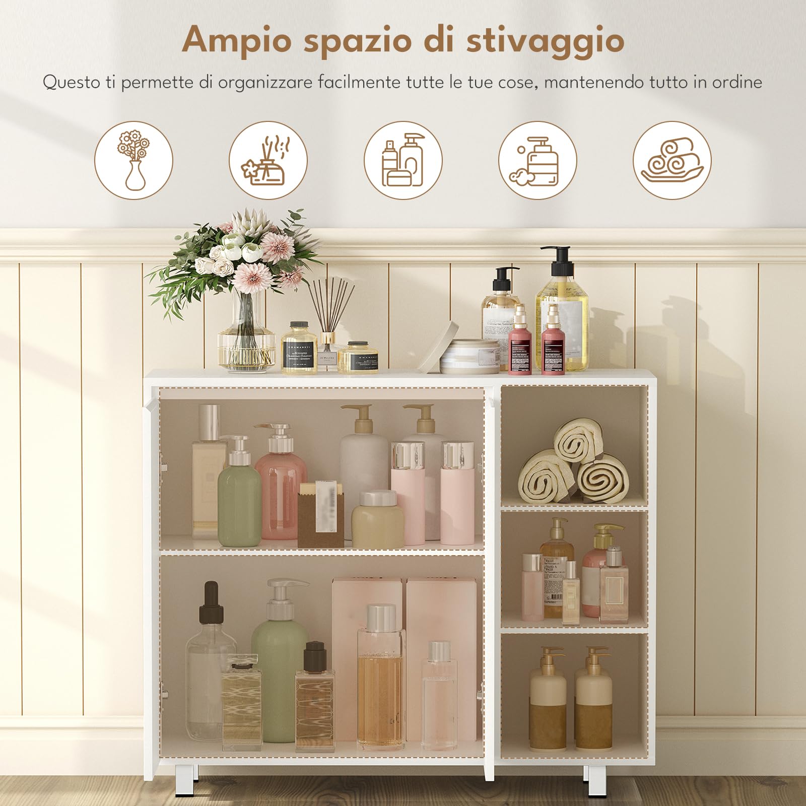 BEWISHOME Mobile da Bagno con 2 Ante e 3 Vani Aperti,35 x 100 x 80 cm | Armadietto Autoportante con Ripiani Regolabili,Ampio Spazio di Archiviazione,per Bagno,Soggiorno,Ingresso,Cucina,Bianco