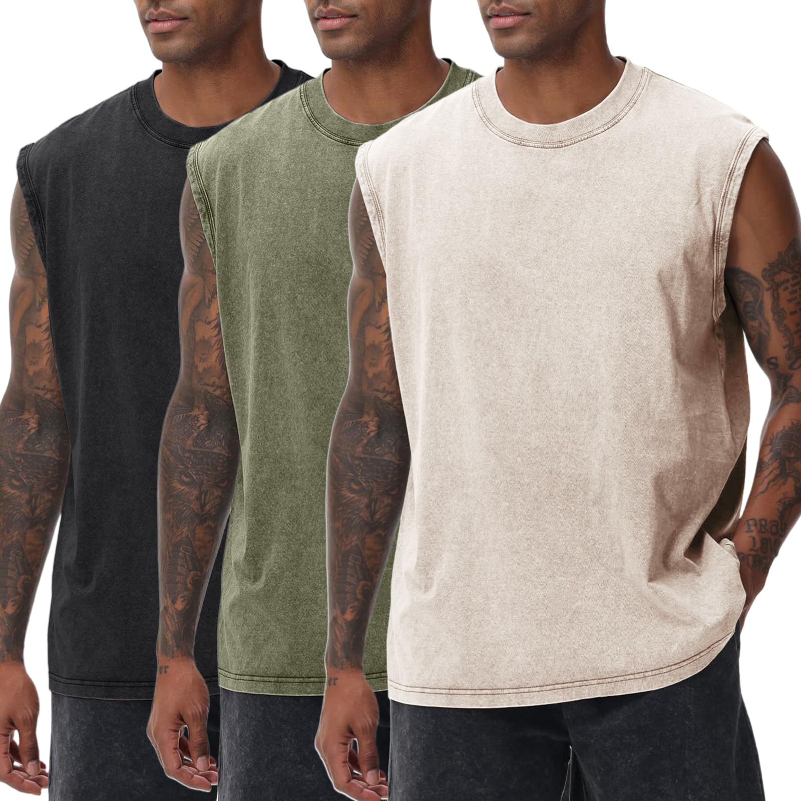 Photo 1 of Arssm Men Tank Tops Sleeveless Shirts for Men Cotton Acid Wash Tees Muscle Workout Running Tank Tops(BlackBeigeArmy-L)